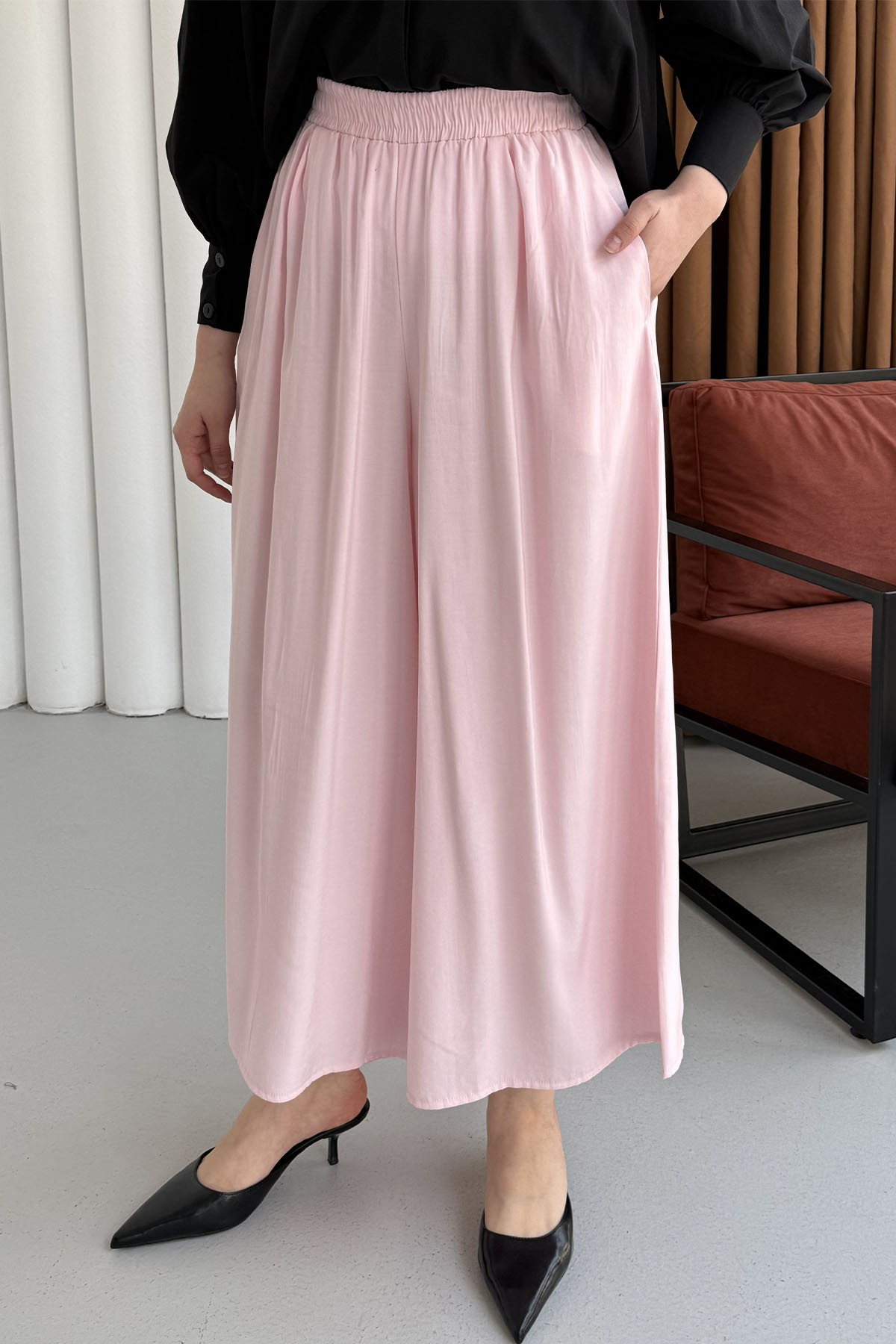 Beli Lastikli Bol Paça Pantolon-PEMBE