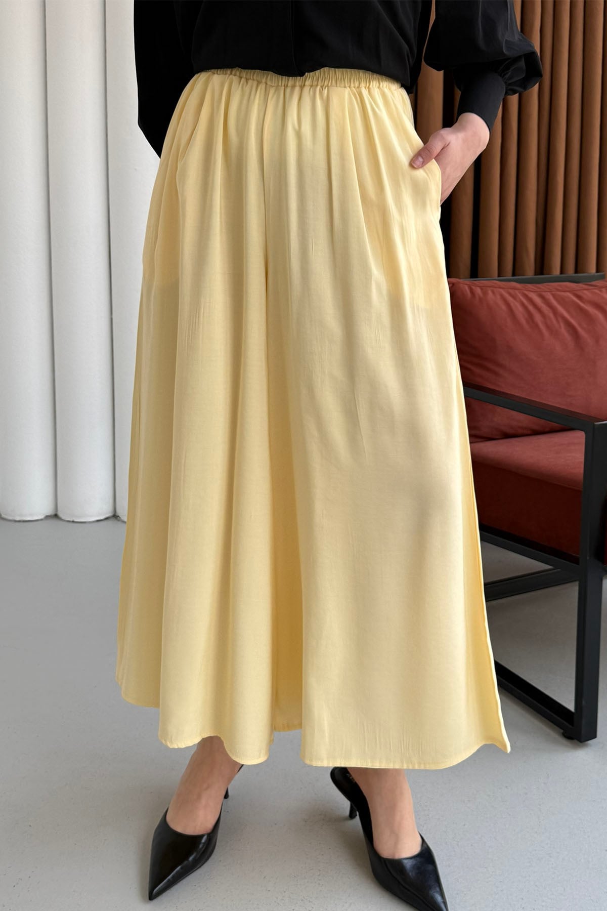 Beli Lastikli Bol Paça Pantolon-SARI