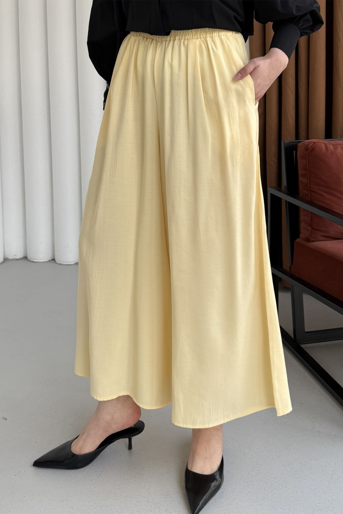 Beli Lastikli Bol Paça Pantolon-SARI