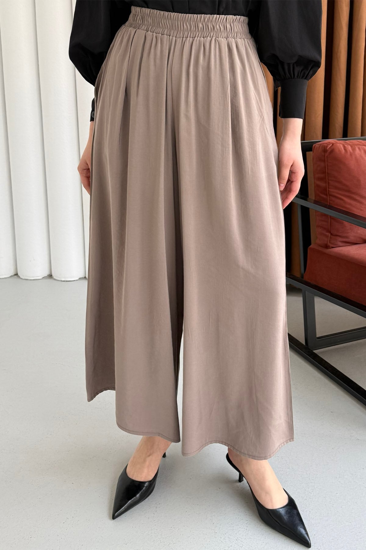 Beli Lastikli Bol Paça Pantolon-VİZON