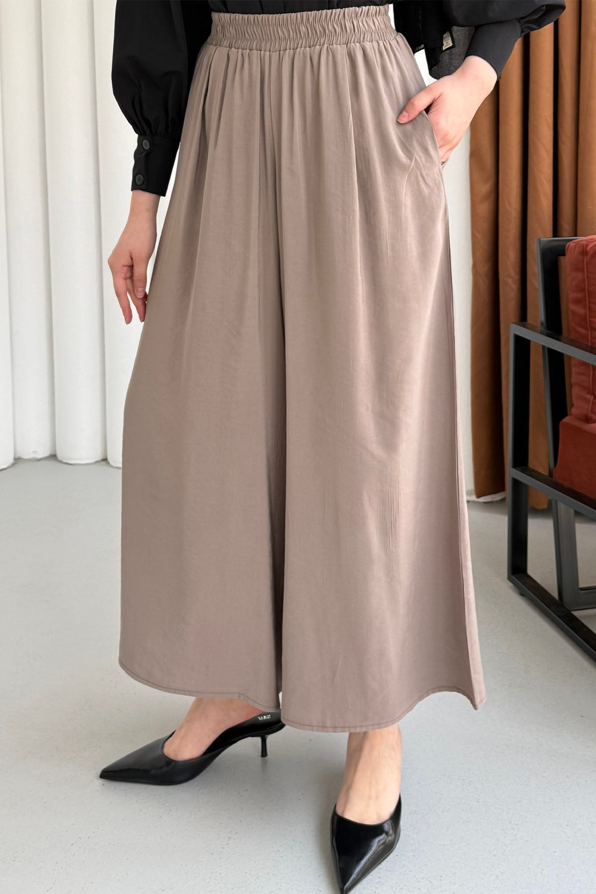 Beli Lastikli Bol Paça Pantolon-VİZON