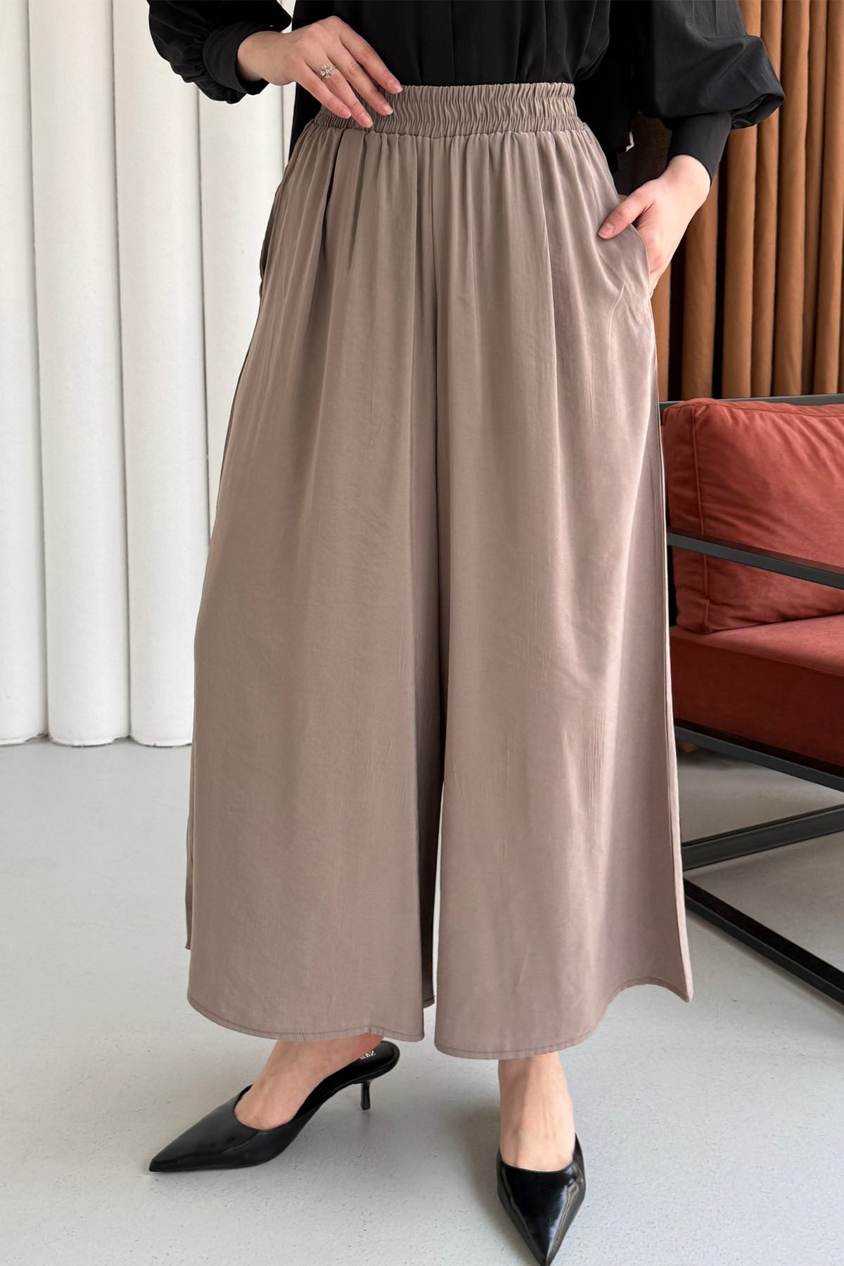 Beli Lastikli Bol Paça Pantolon-VİZON