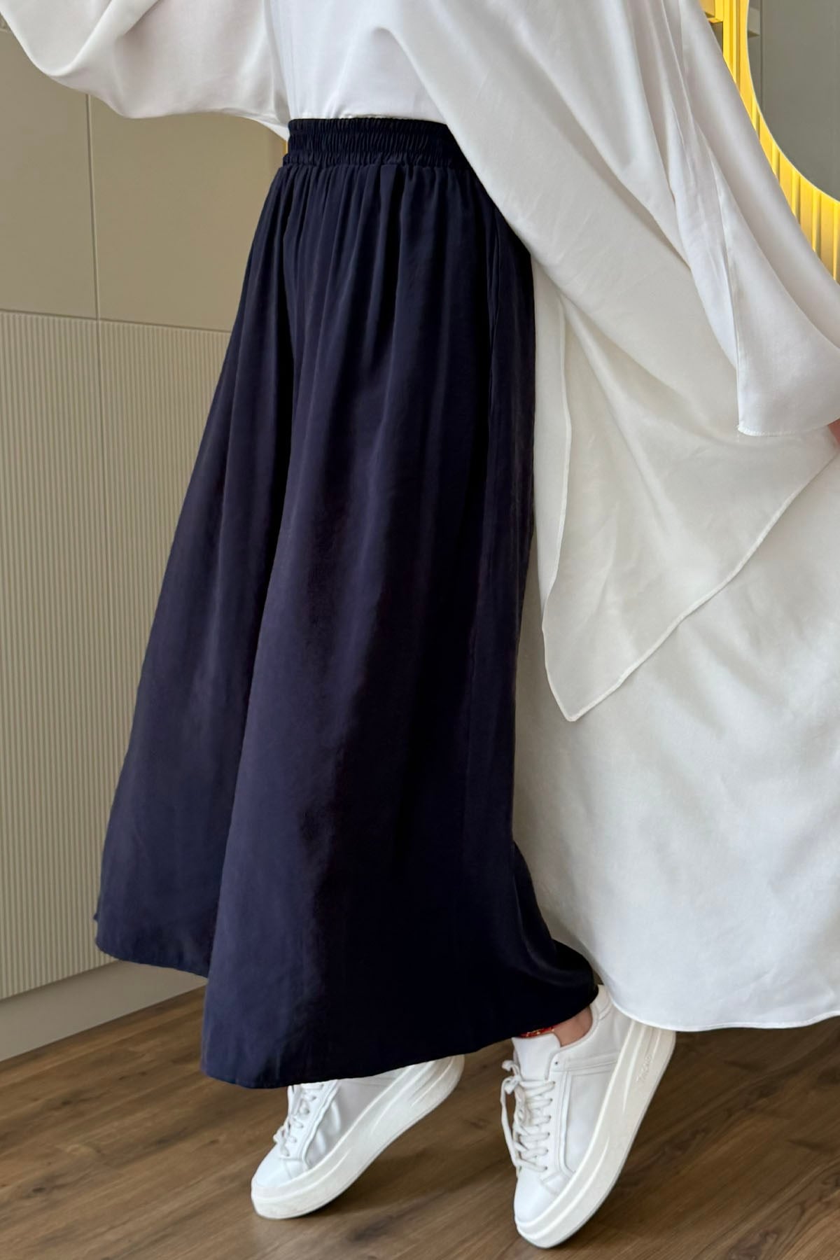 Beli Lastikli Cepli Bol Paça Pantolon-LACİVERT