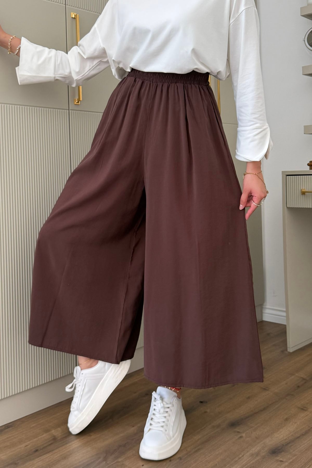 Beli Lastikli Cepli Bol Paça Pantolon-KAHVERENGİ