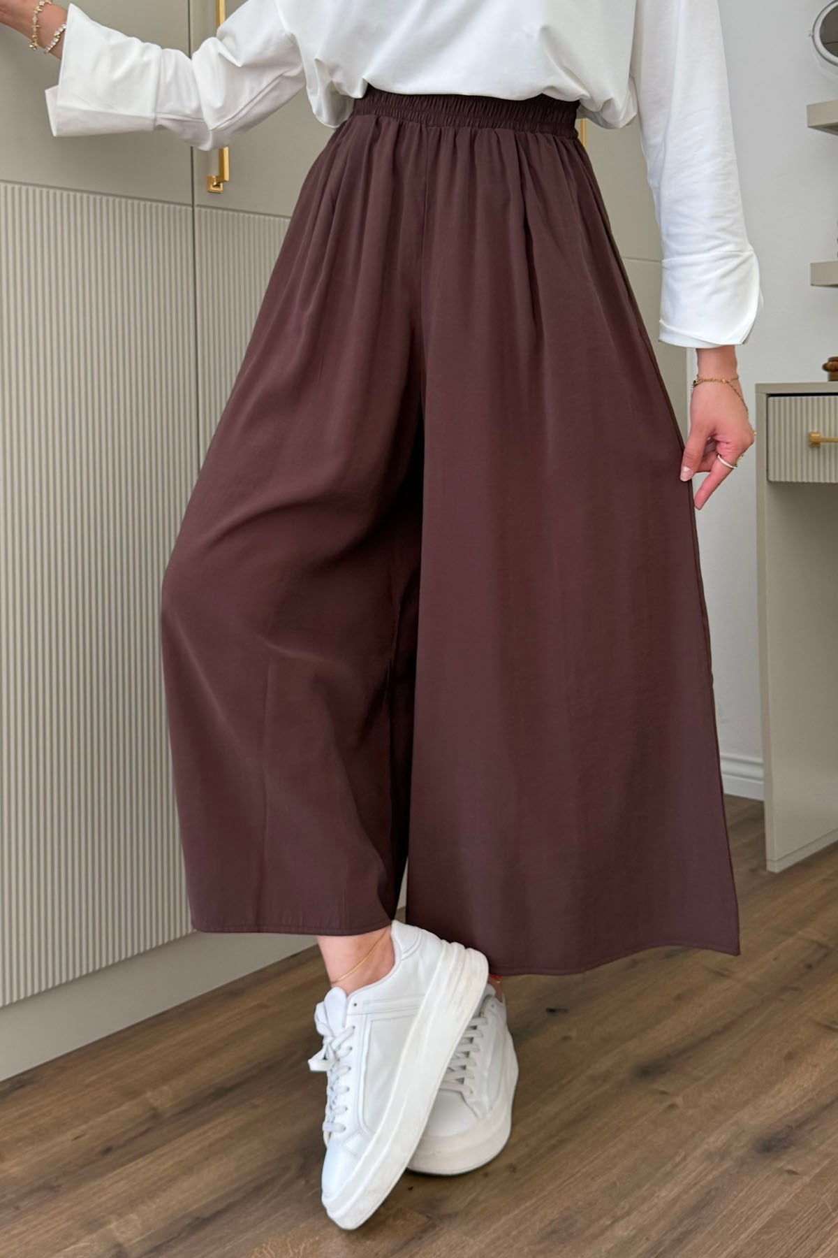 Beli Lastikli Cepli Bol Paça Pantolon-KAHVERENGİ