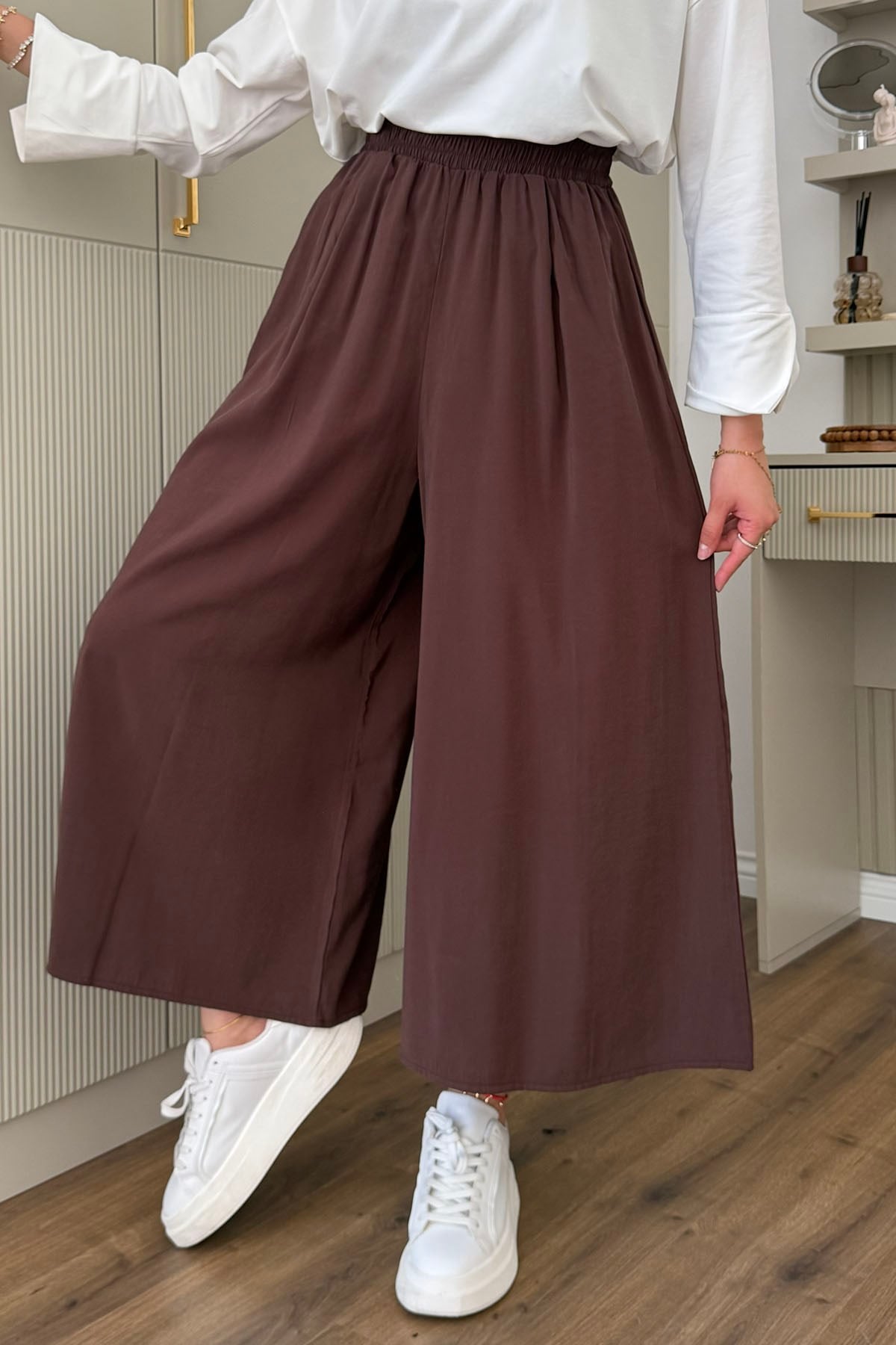 Beli Lastikli Cepli Bol Paça Pantolon-KAHVERENGİ