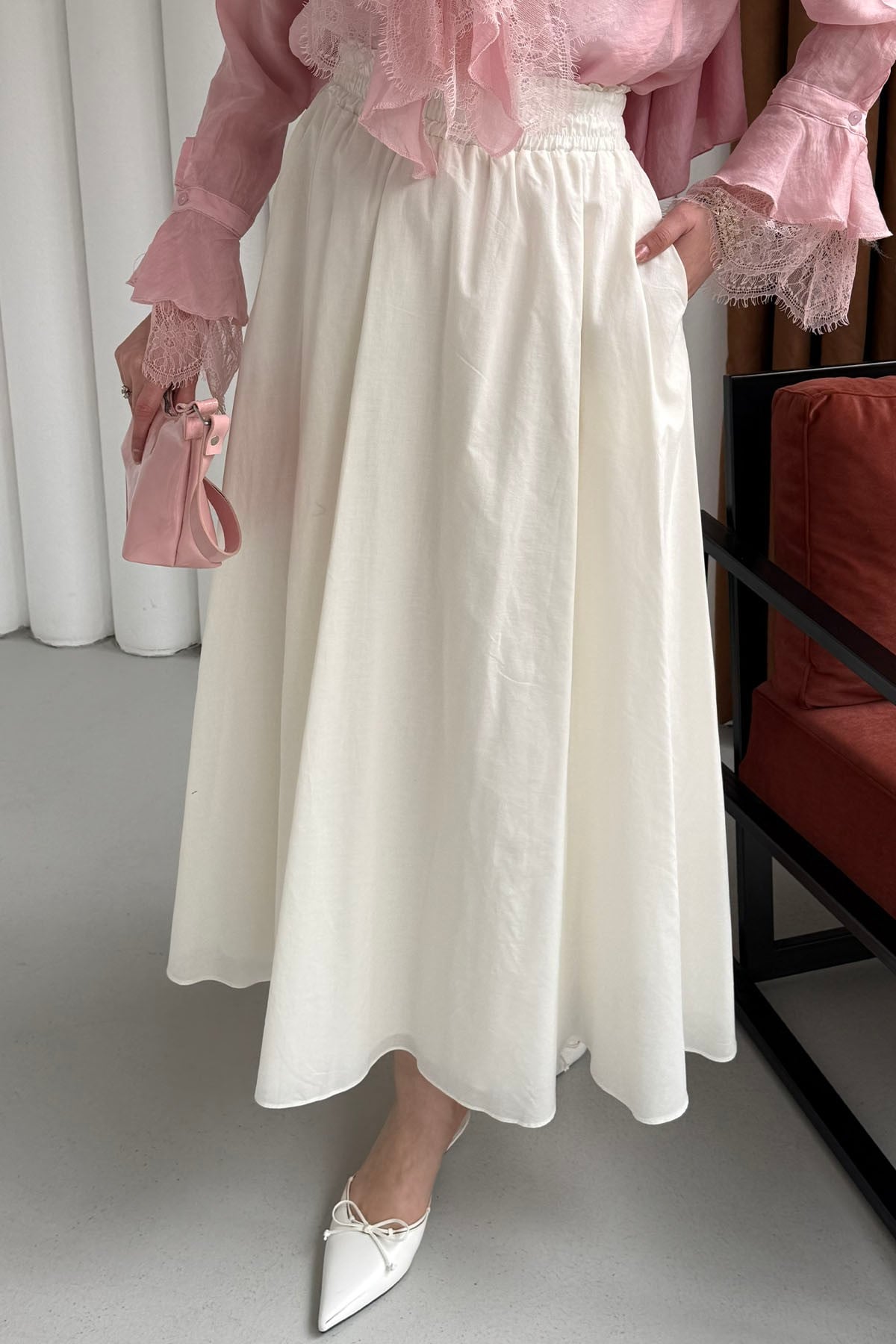 Beli Lastikli Cepli Etek-EKRU