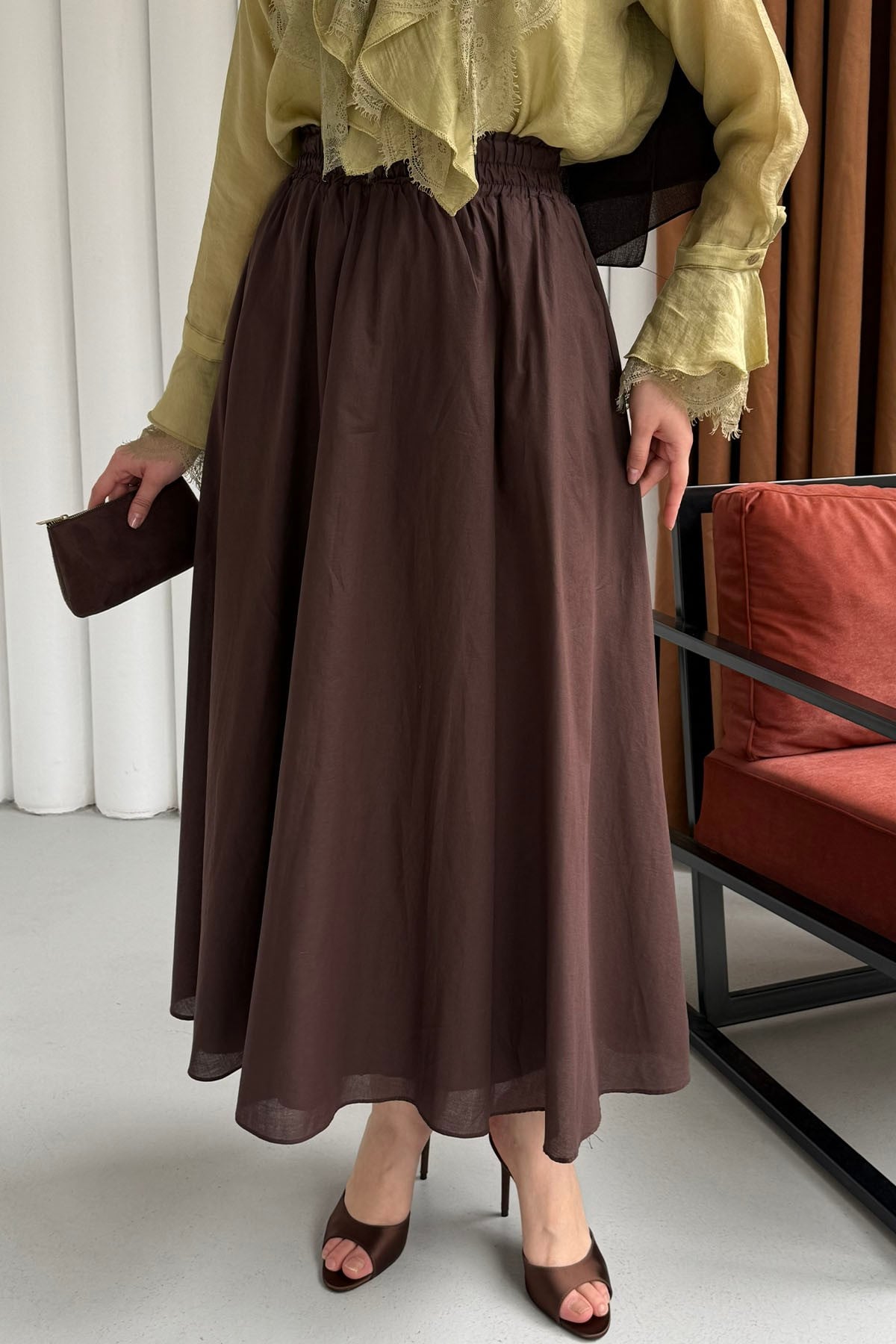 Beli Lastikli Cepli Etek-KAHVERENGİ