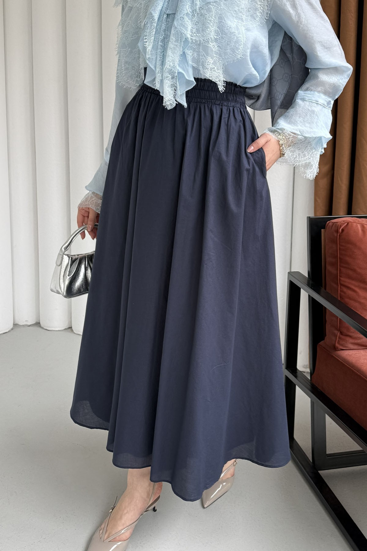 Beli Lastikli Cepli Etek-LACİVERT