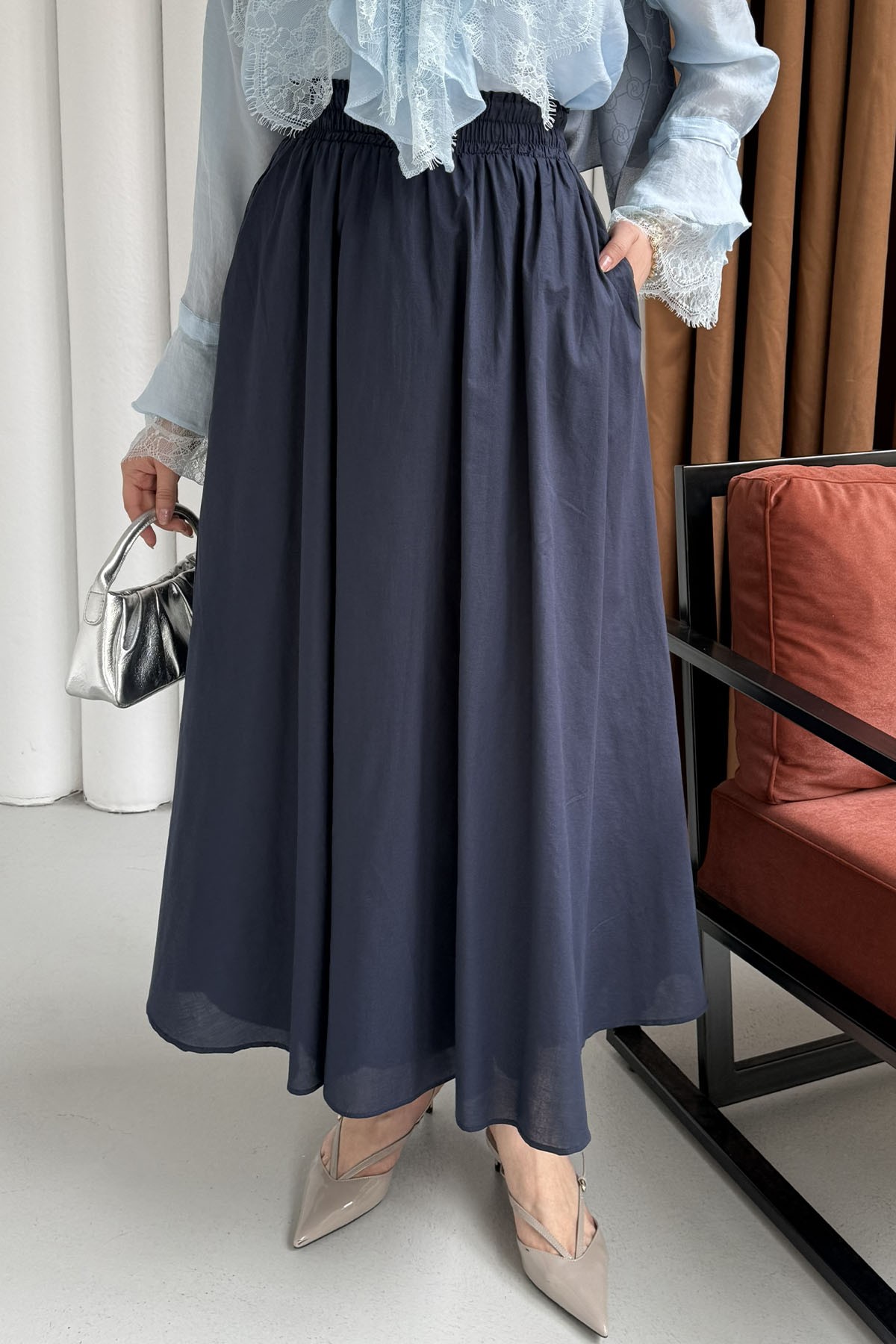 Beli Lastikli Cepli Etek-LACİVERT