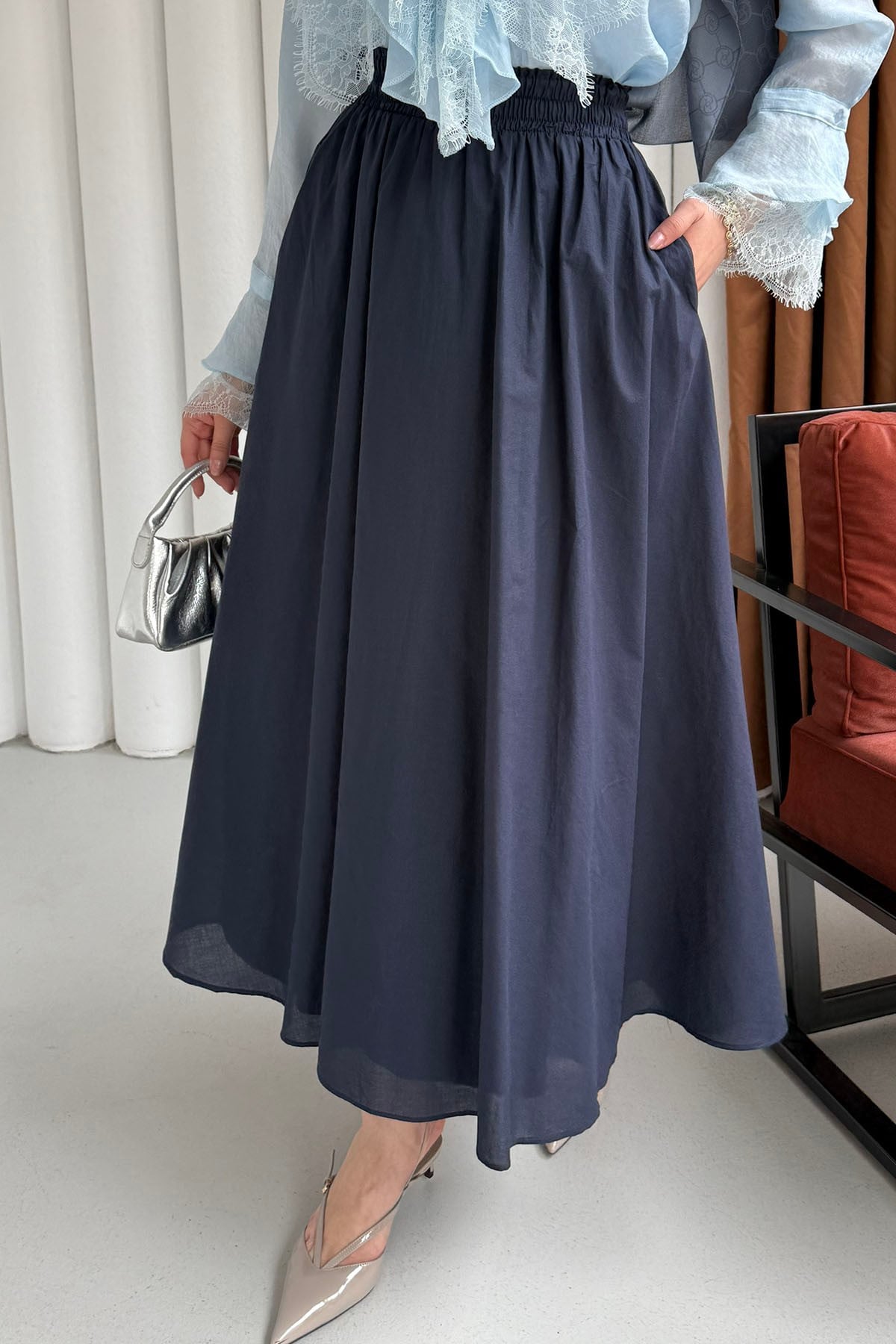 Beli Lastikli Cepli Etek-LACİVERT