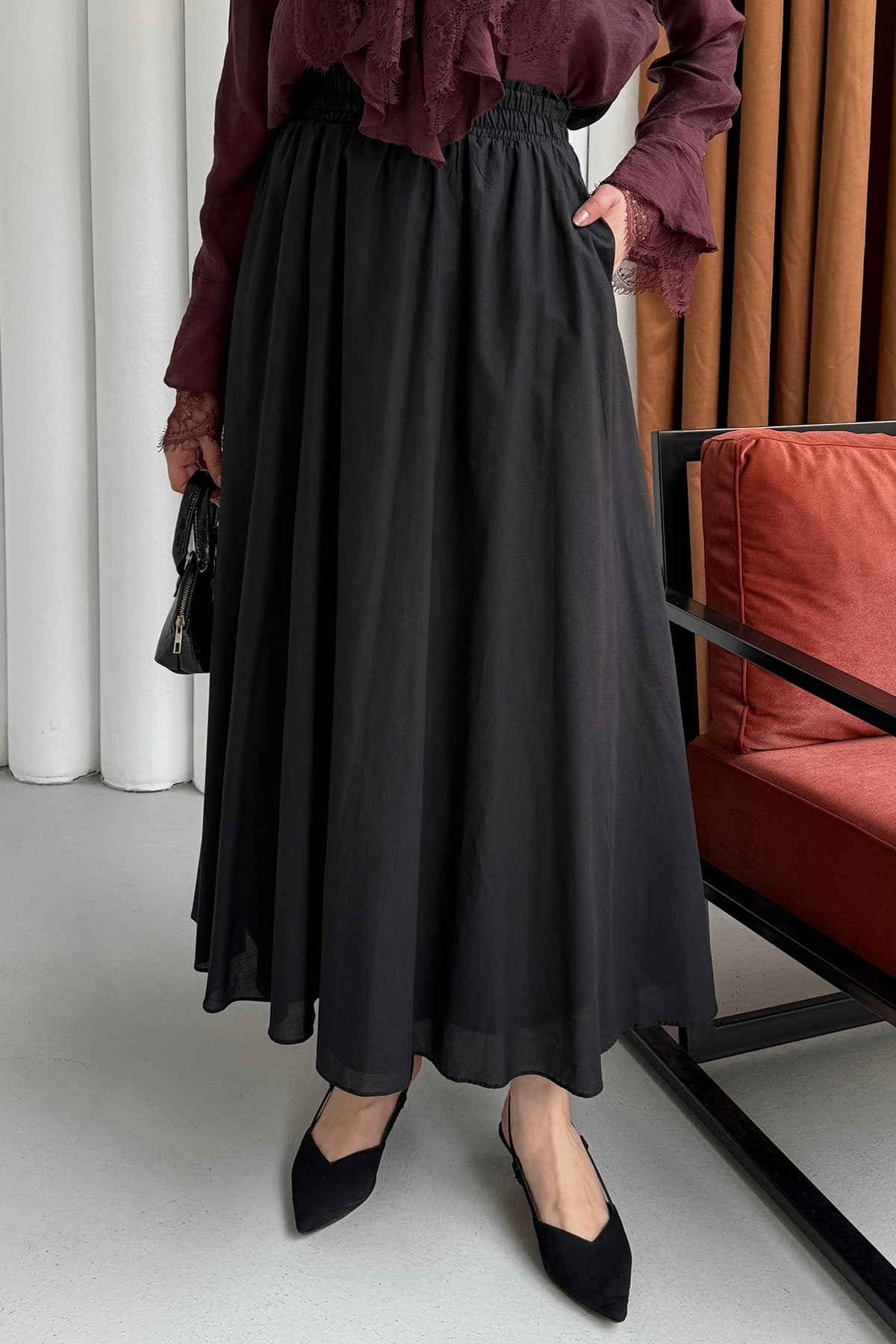 Beli Lastikli Cepli Etek-SİYAH