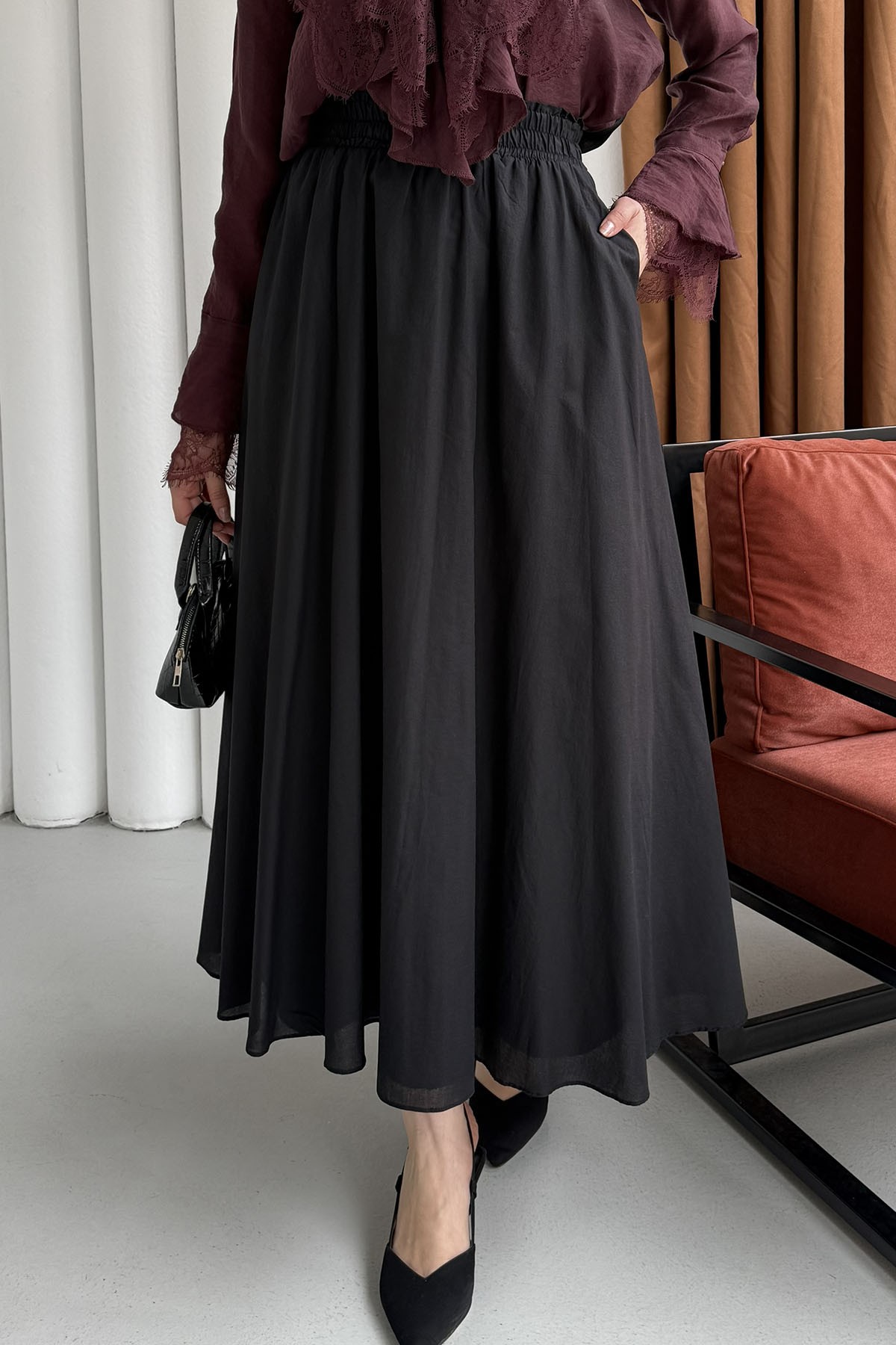 Beli Lastikli Cepli Etek-SİYAH