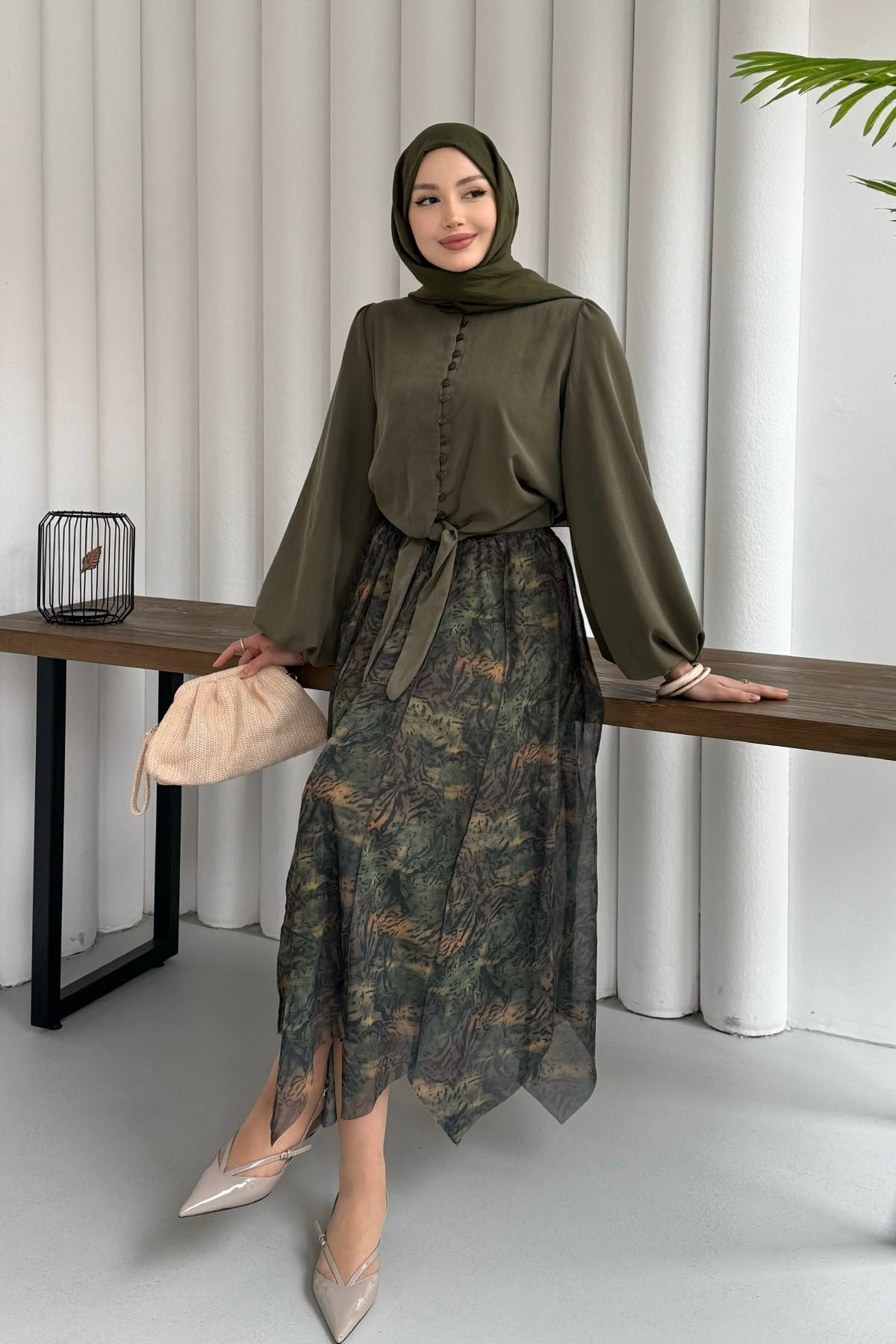 Beli Lastikli Çizgili Şifon Etek-YEŞİL