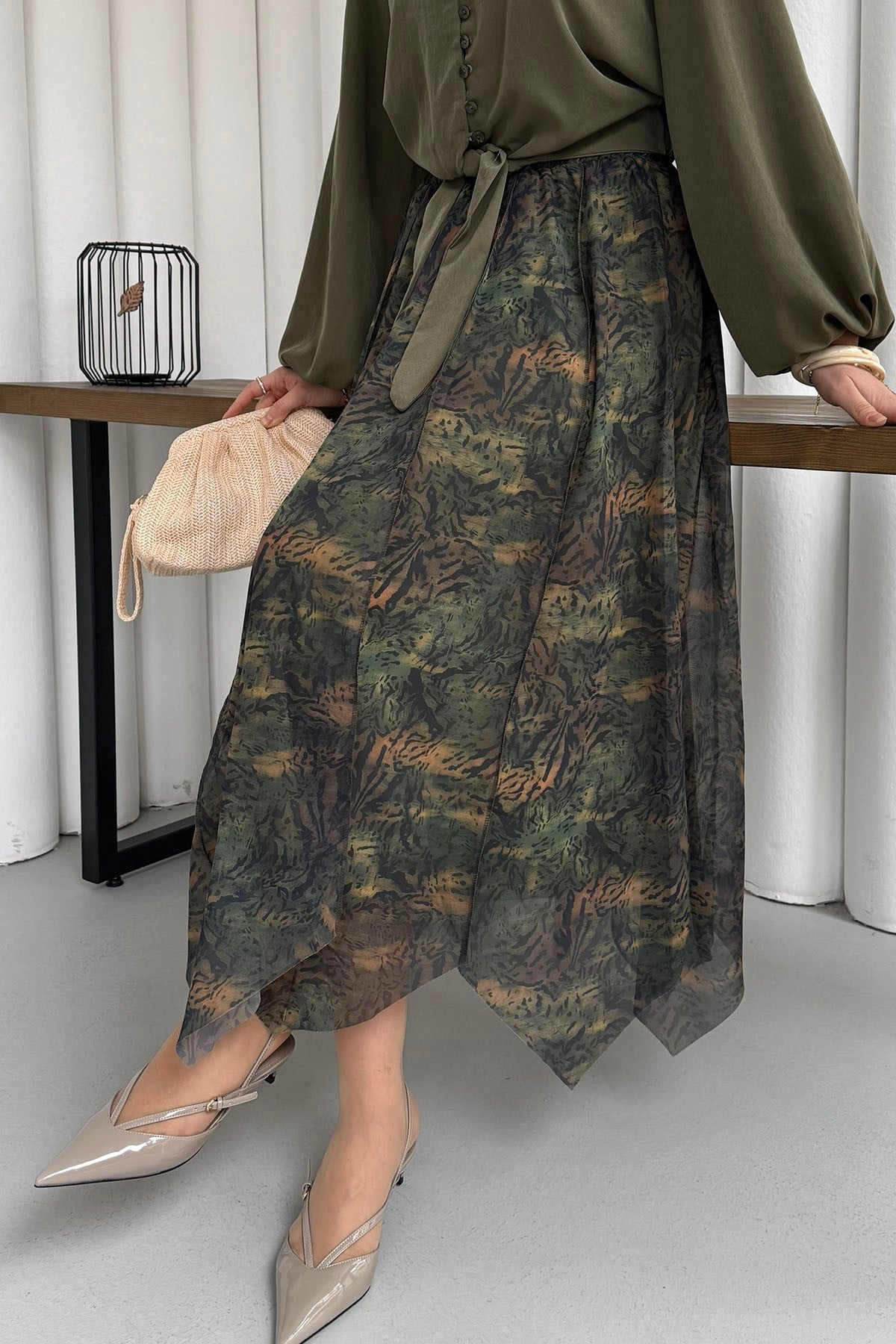 Beli Lastikli Çizgili Şifon Etek-YEŞİL