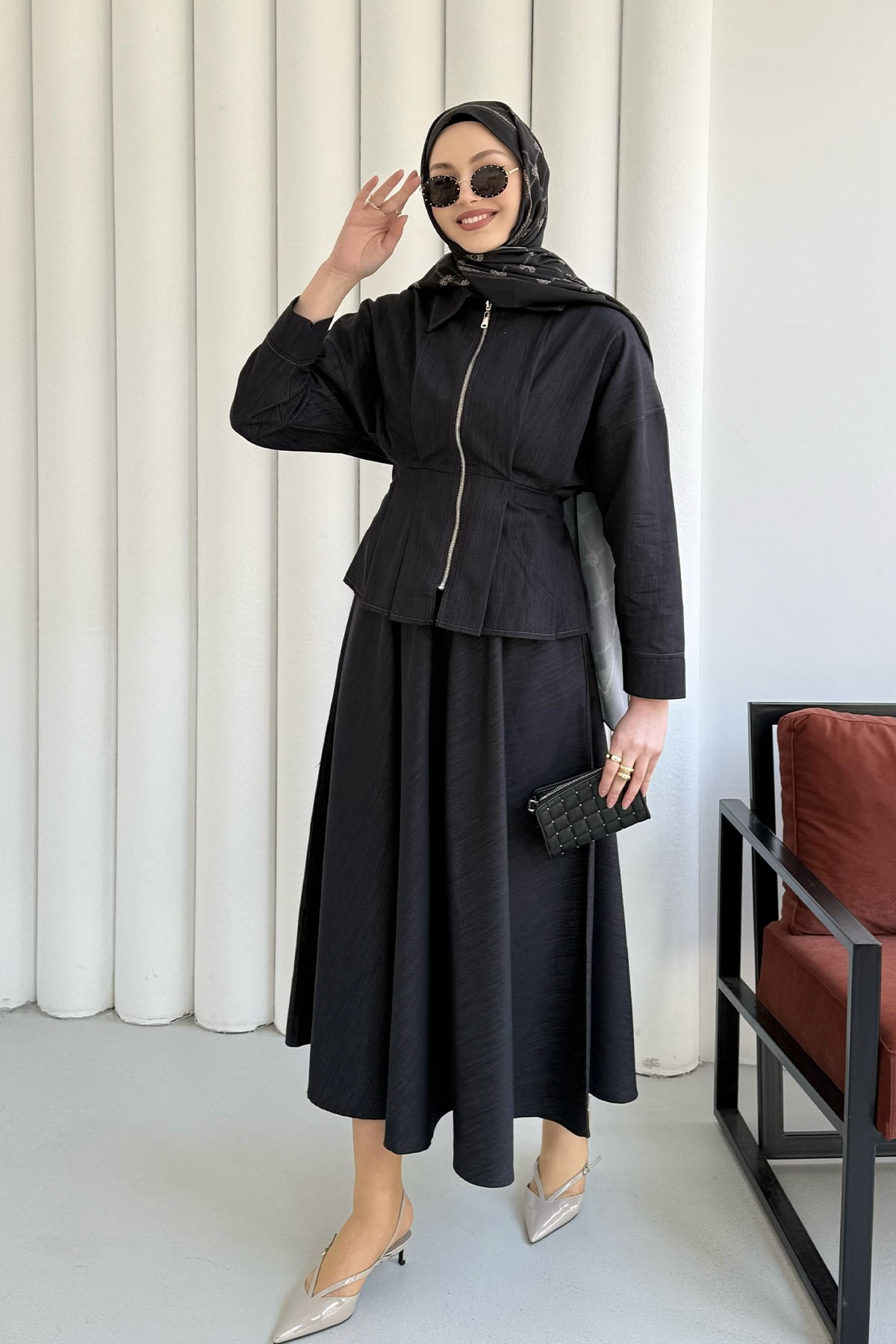 Beli Lastikli Fermuarlı Etekli Tesettür Takım-LACİVERT