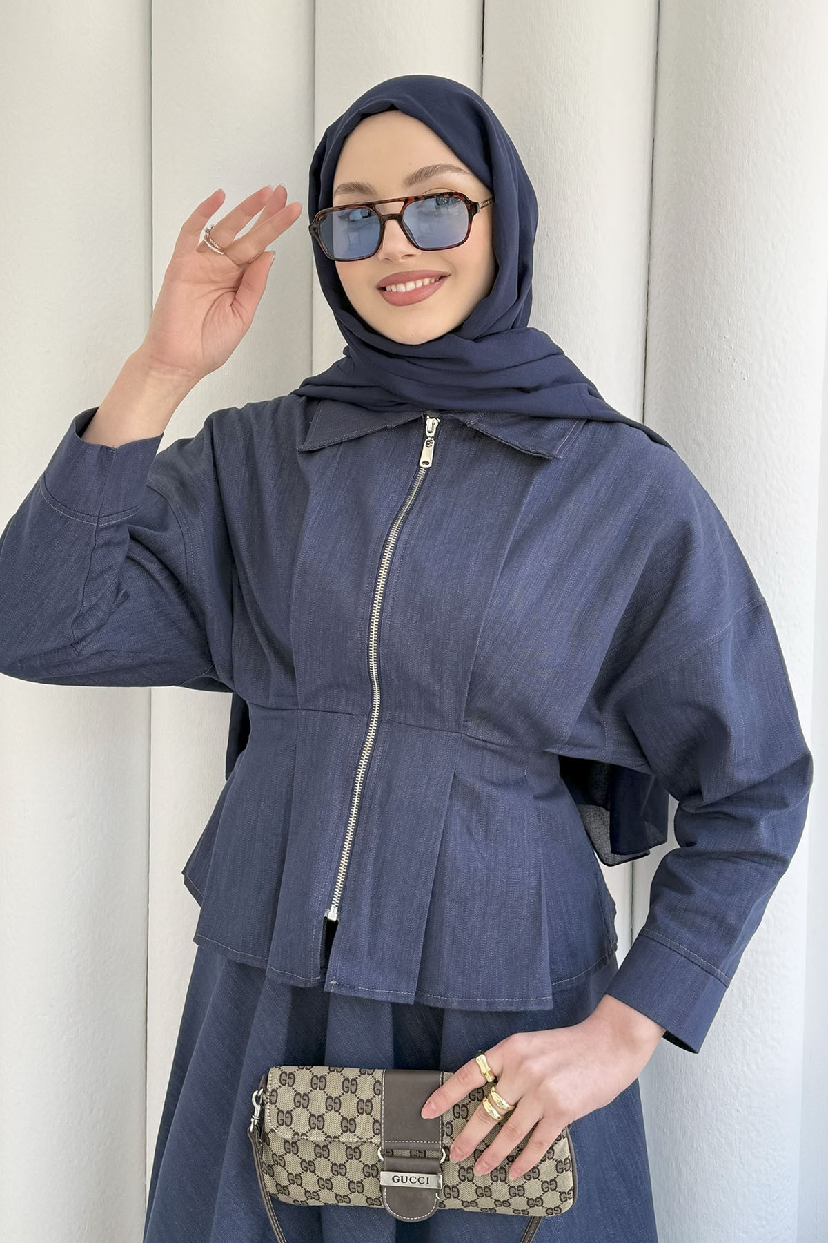 Beli Lastikli Fermuarlı Etekli Tesettür Takım-İNDİGO