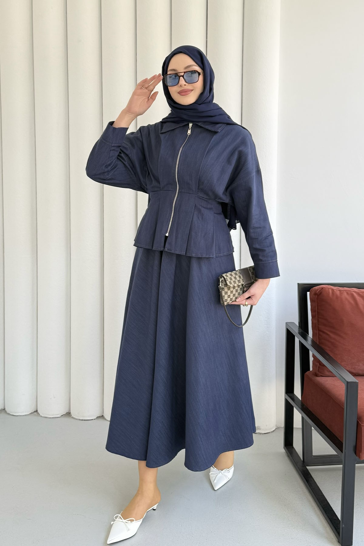 Beli Lastikli Fermuarlı Etekli Tesettür Takım-İNDİGO