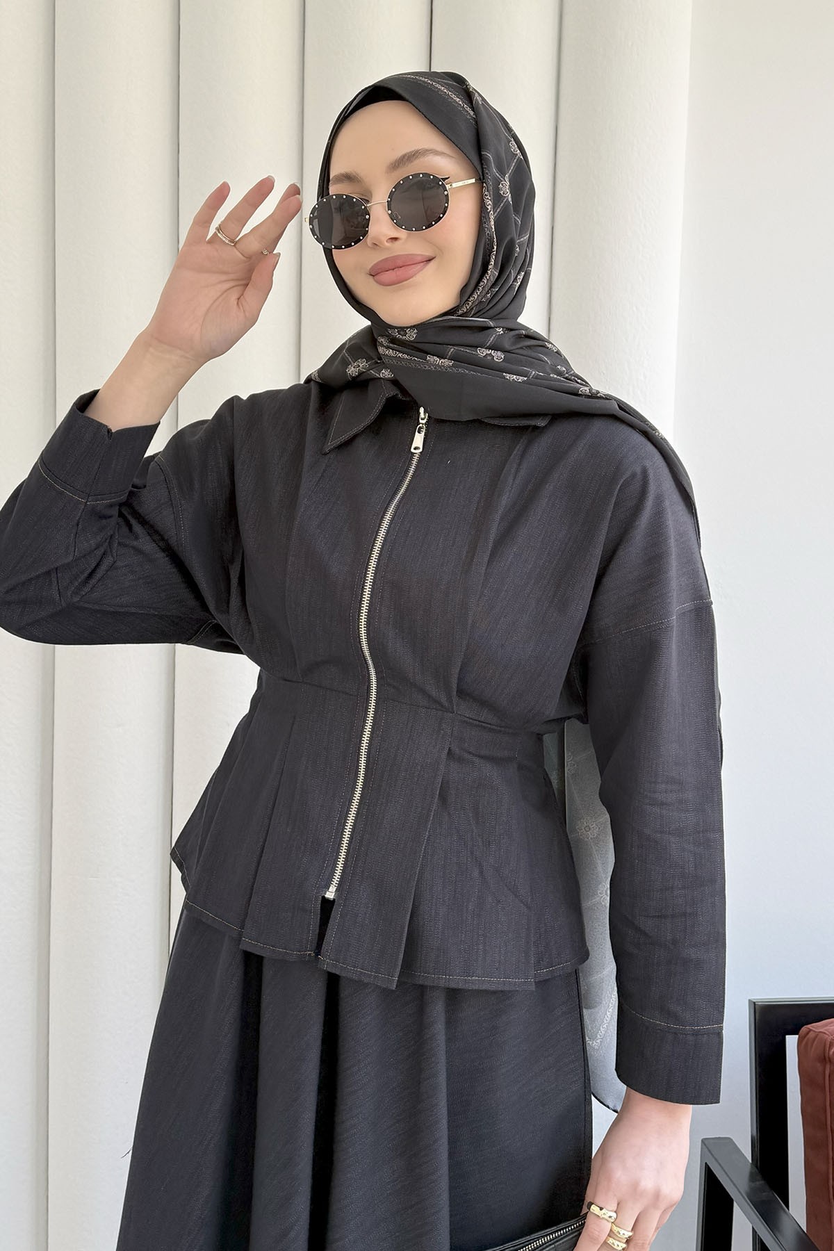 Beli Lastikli Fermuarlı Etekli Tesettür Takım-LACİVERT