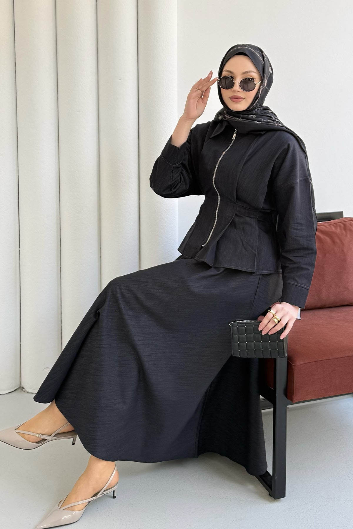 Beli Lastikli Fermuarlı Etekli Tesettür Takım-LACİVERT