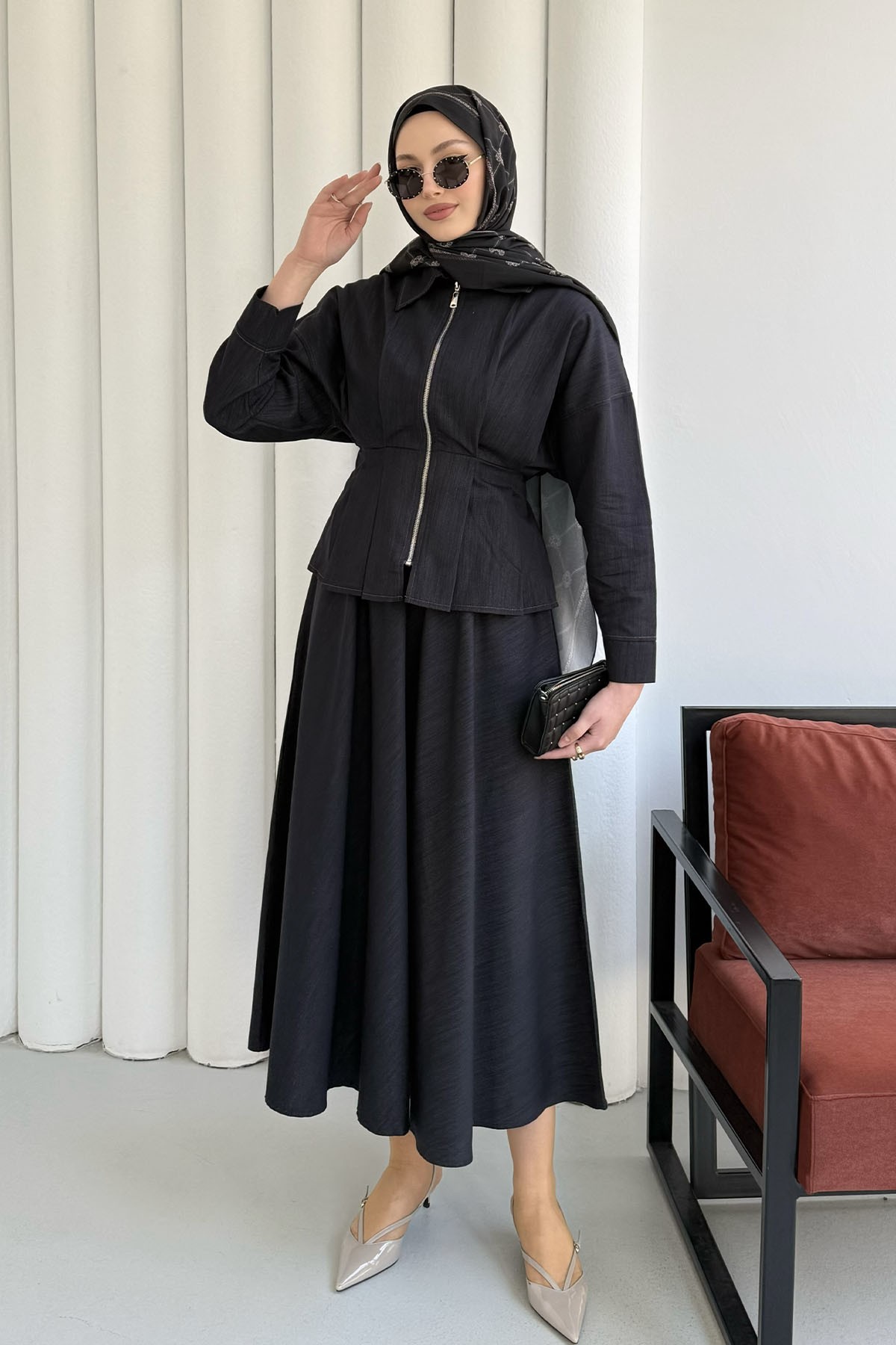 Beli Lastikli Fermuarlı Etekli Tesettür Takım-LACİVERT