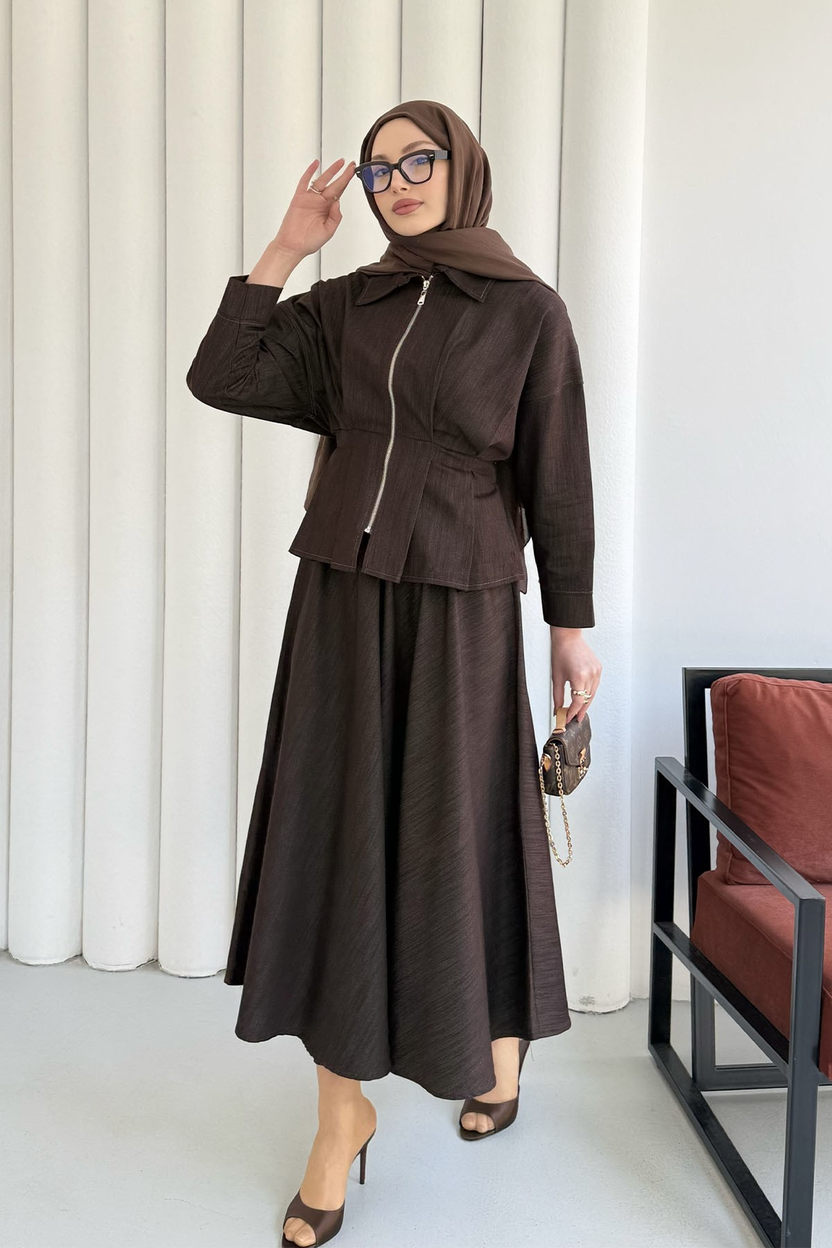 Beli Lastikli Fermuarlı Etekli Tesettür Takım-KAHVERENGİ