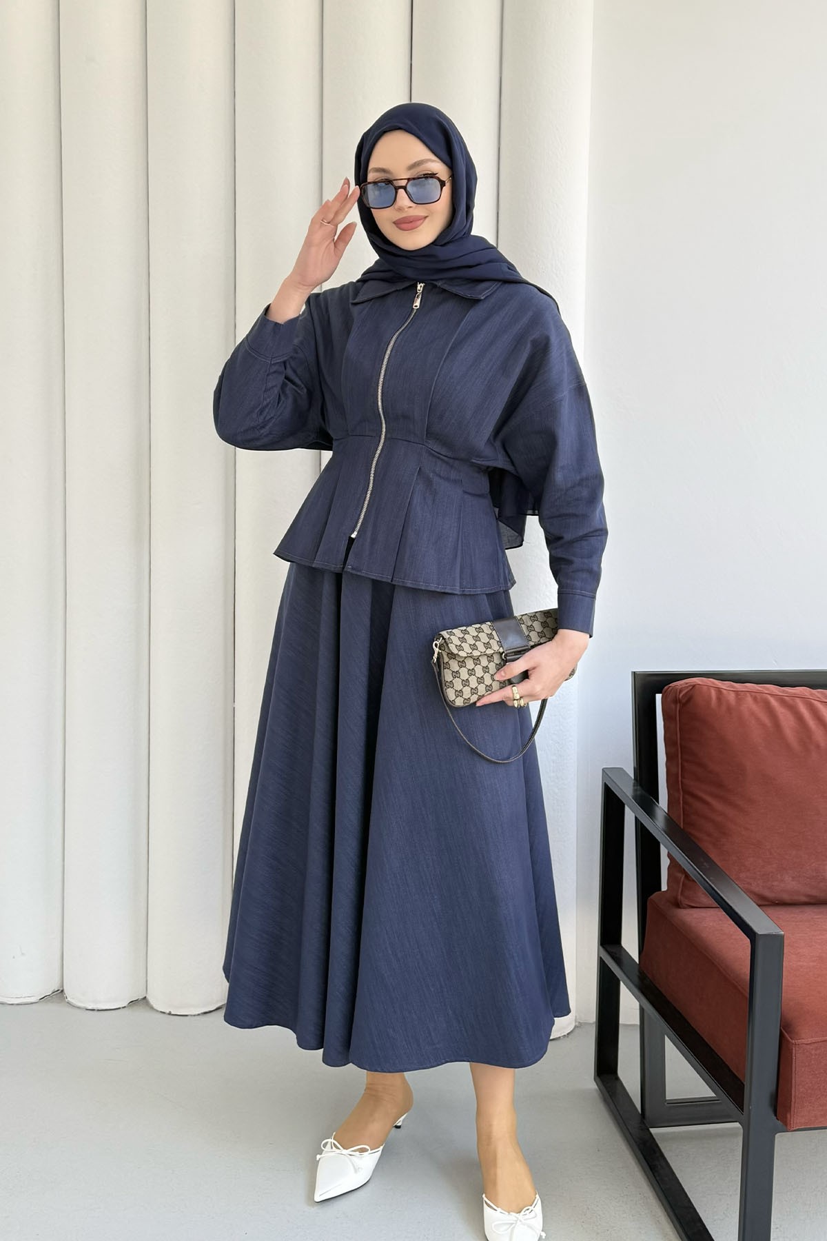 Beli Lastikli Fermuarlı Etekli Tesettür Takım-İNDİGO