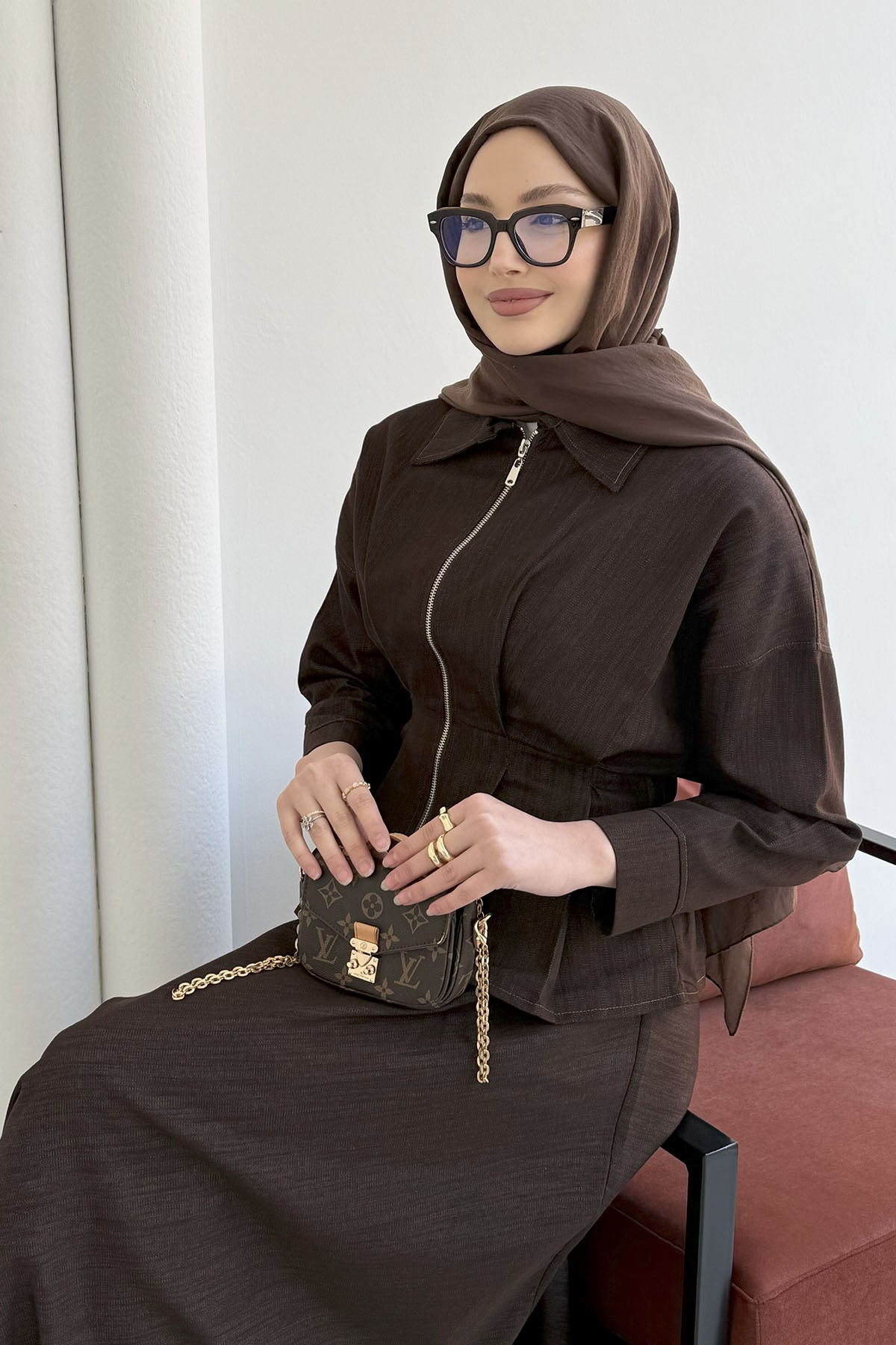 Beli Lastikli Fermuarlı Etekli Tesettür Takım-KAHVERENGİ