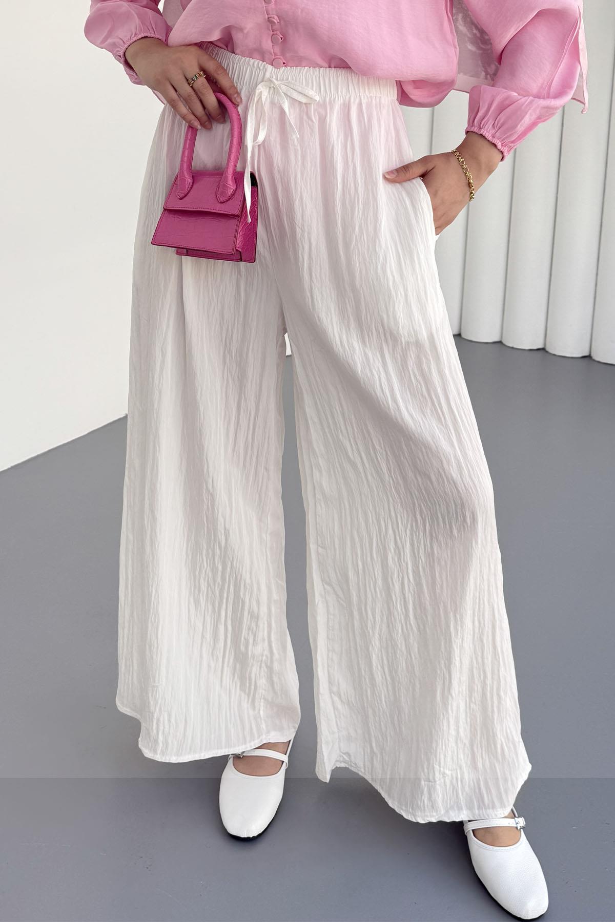 Beli Lastikli Modal Pantolon-BEYAZ