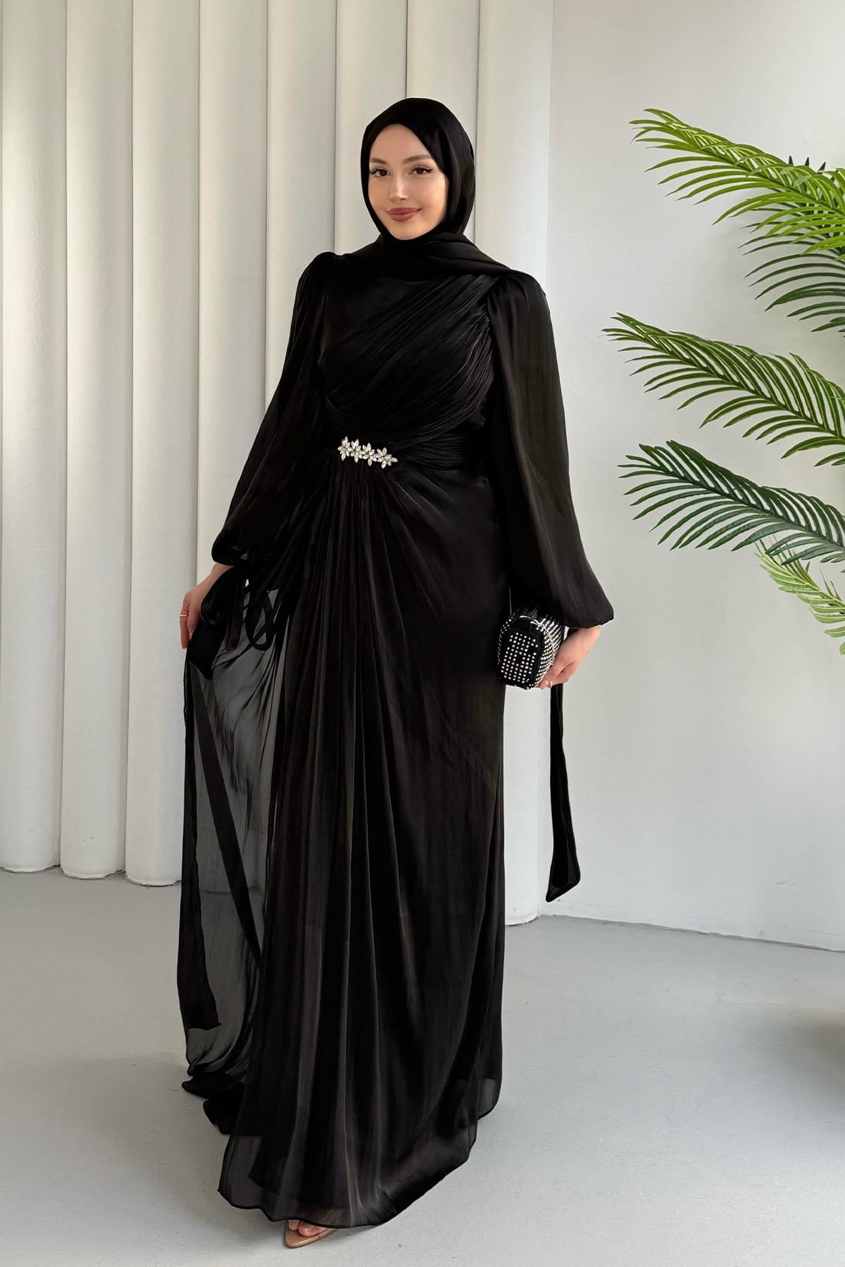 Beli Taşlı Kolları Bağlamalı Tesettür Abiye-SİYAH