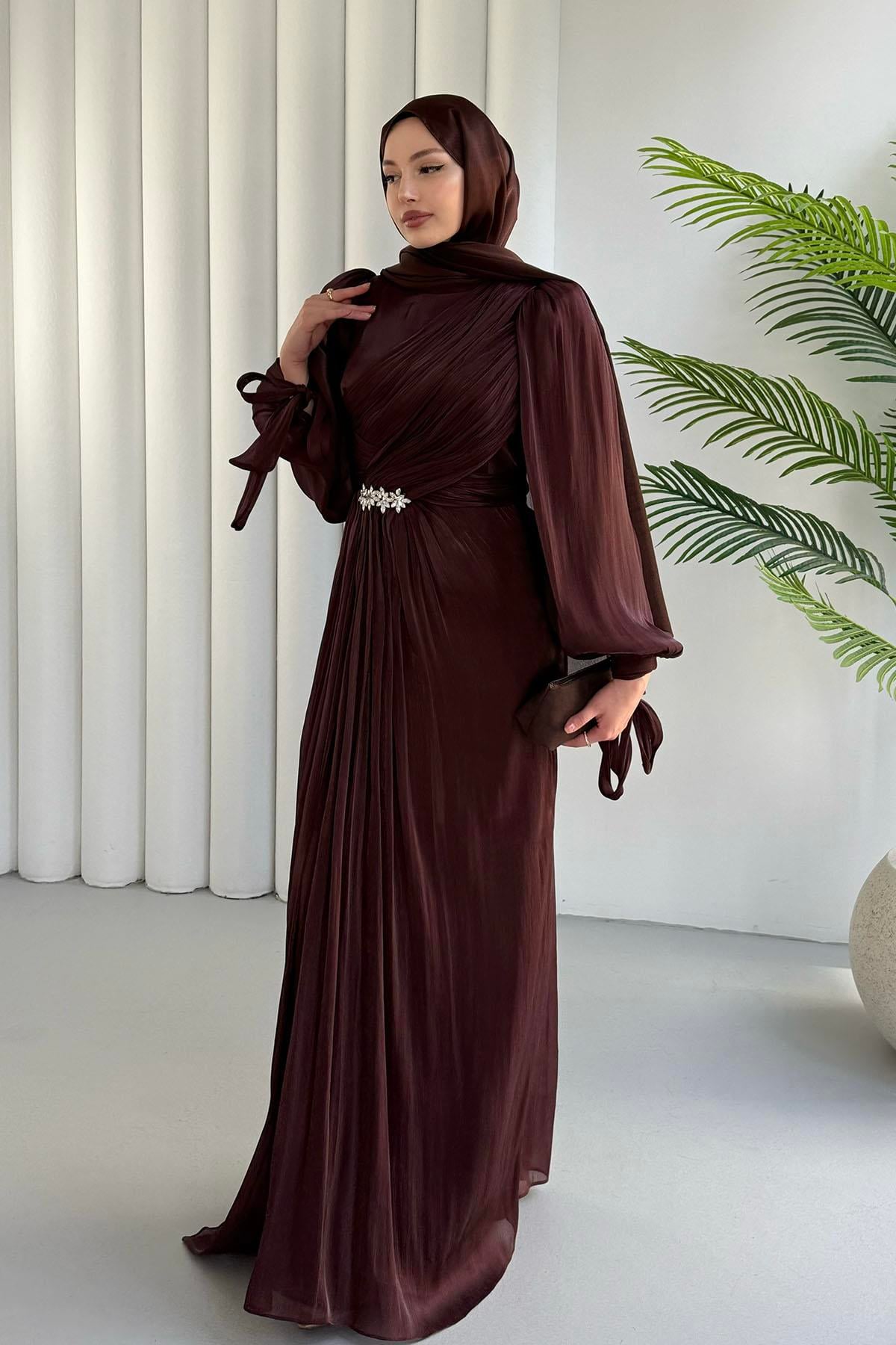 Beli Taşlı Kolları Bağlamalı Tesettür Abiye-BORDO