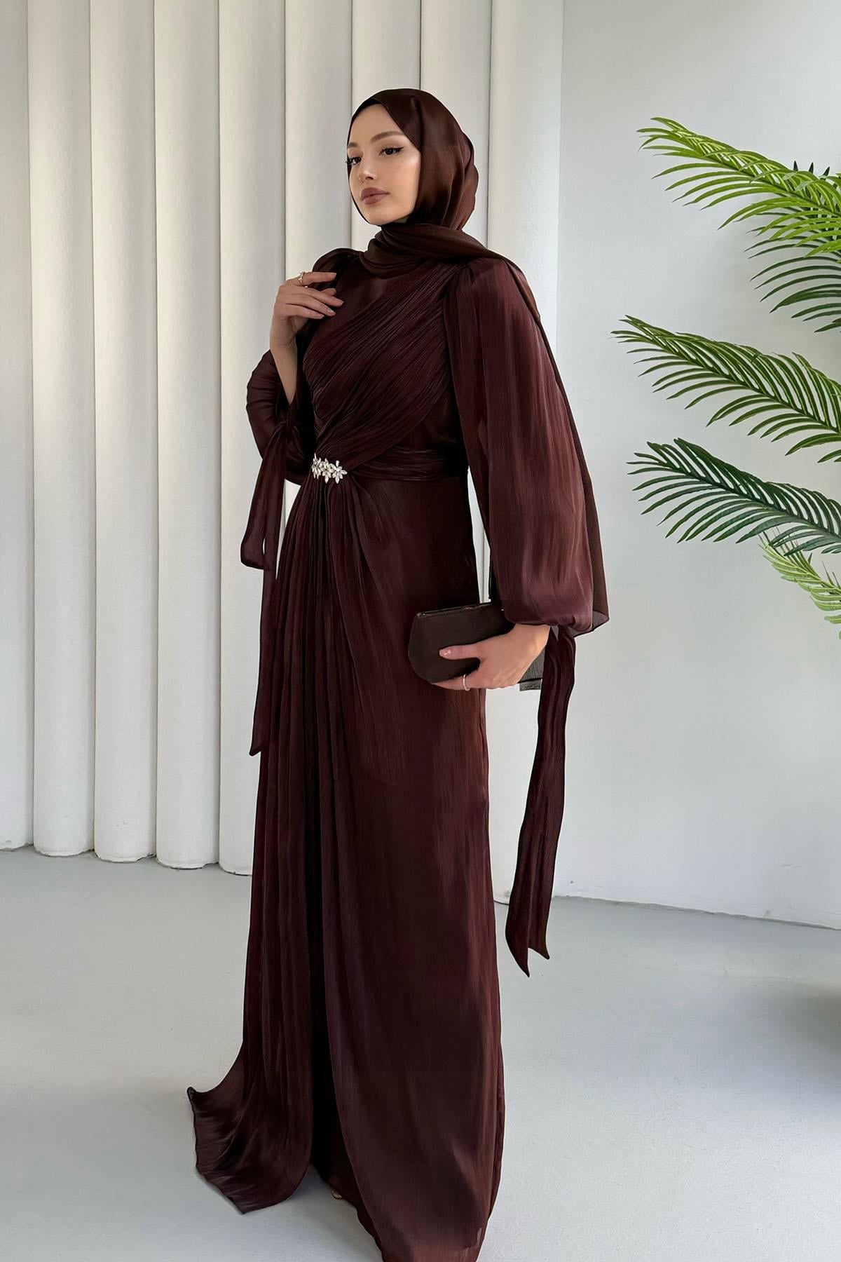 Beli Taşlı Kolları Bağlamalı Tesettür Abiye-BORDO