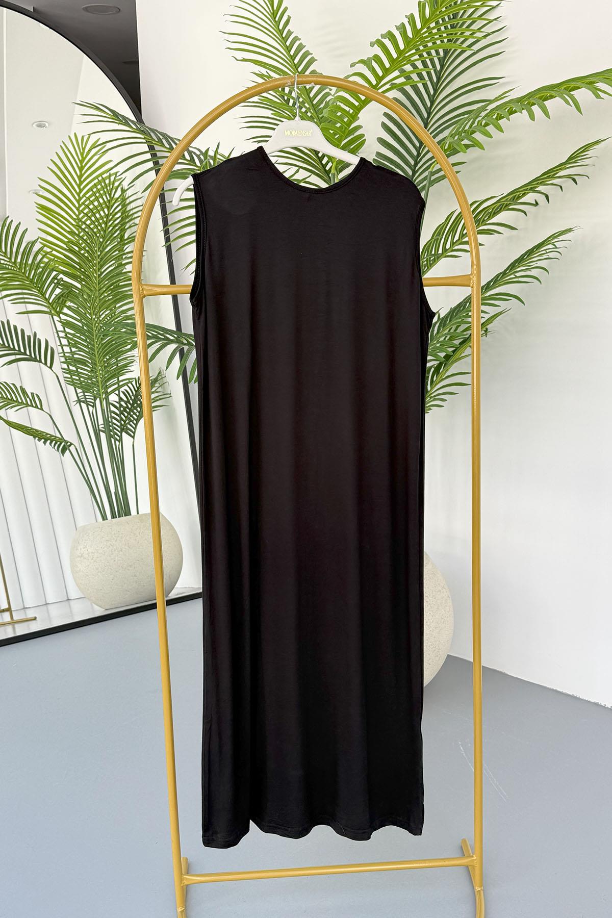 Bisiklet Yaka Kolsuz İçlik Tesettür Elbise-SİYAH