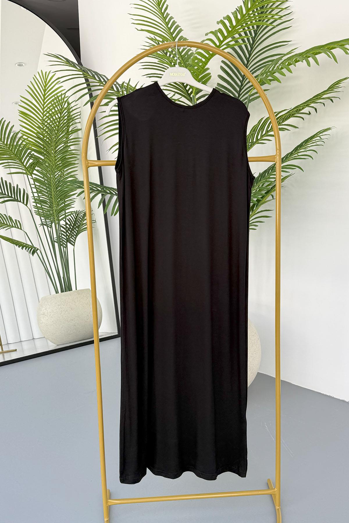 Bisiklet Yaka Kolsuz İçlik Tesettür Elbise-SİYAH