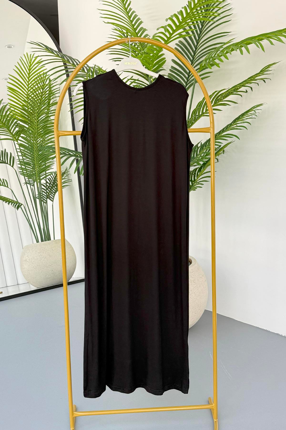 Bisiklet Yaka Kolsuz İçlik Tesettür Elbise-SİYAH