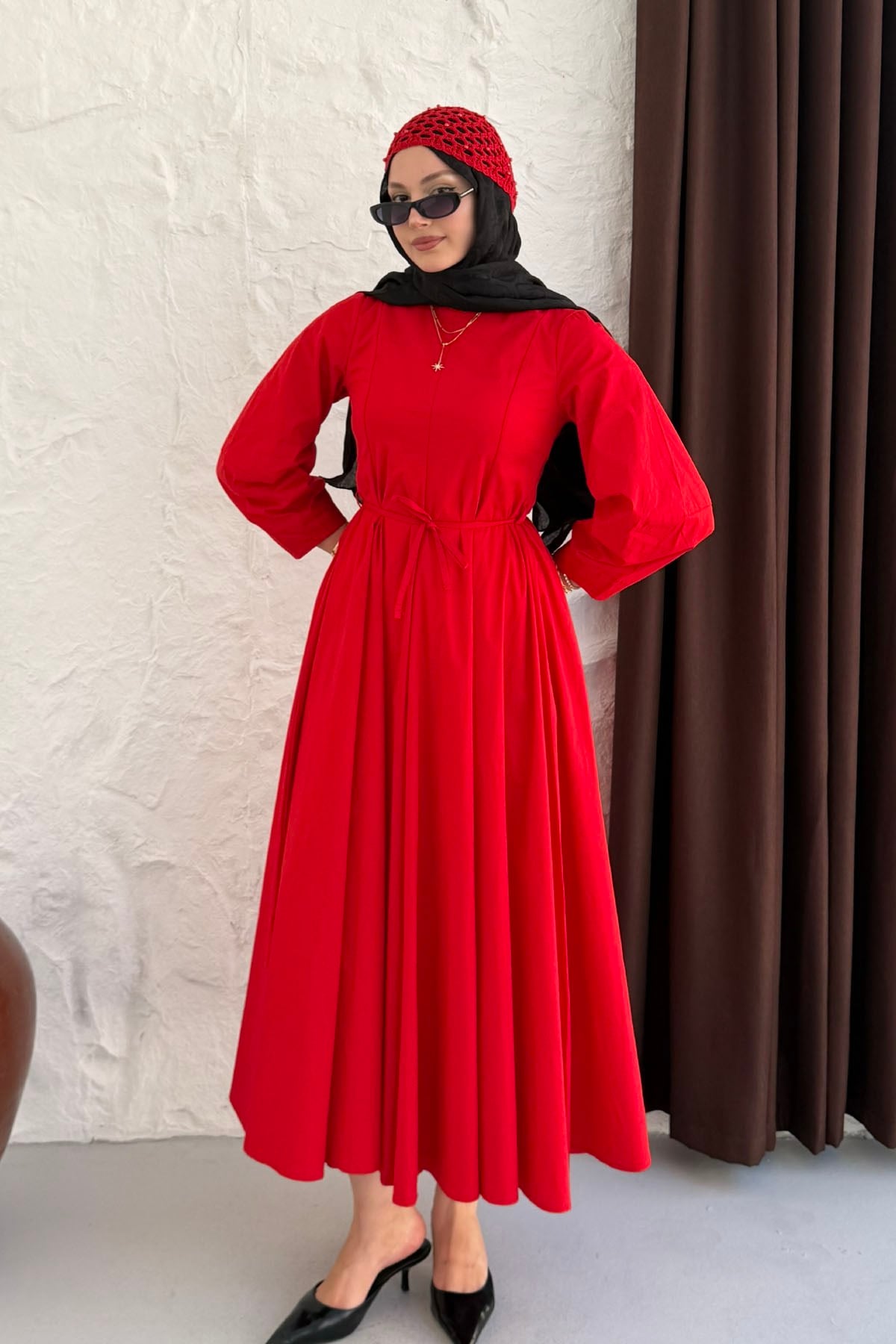 Biye Kemer Detaylı Poplin Mevlana Tesettür Elbise-KIRMIZI