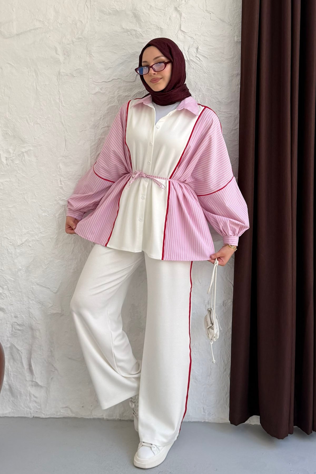 Biye Kemerli Çizgili Gömlek Detaylı Pantolonlu Tesettür Takım-PEMBE