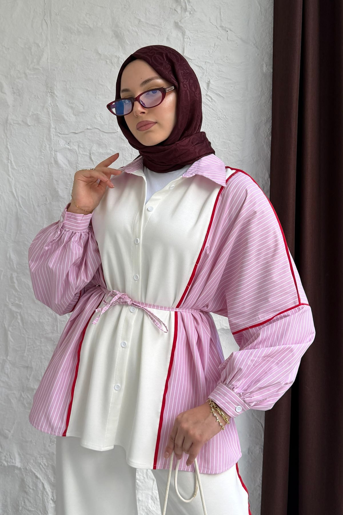 Biye Kemerli Çizgili Gömlek Detaylı Pantolonlu Tesettür Takım-PEMBE