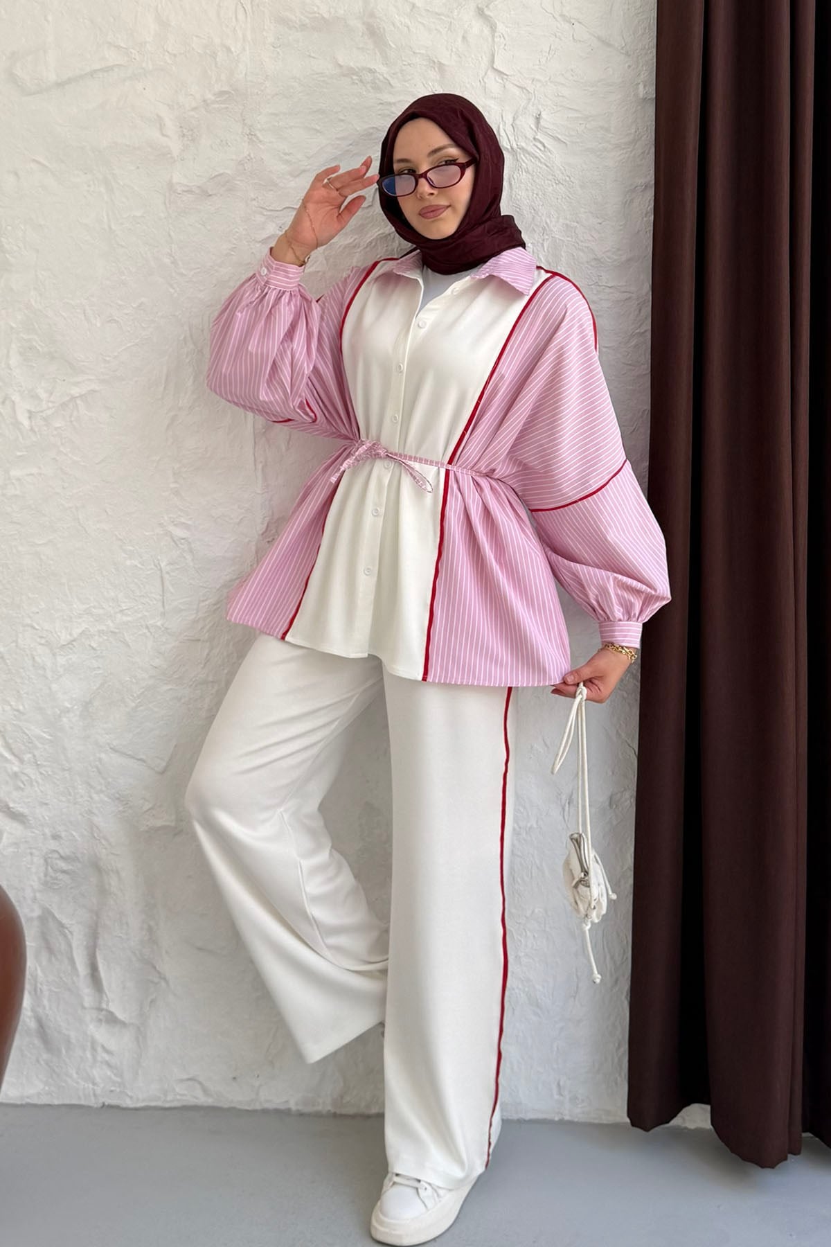 Biye Kemerli Çizgili Gömlek Detaylı Pantolonlu Tesettür Takım-PEMBE