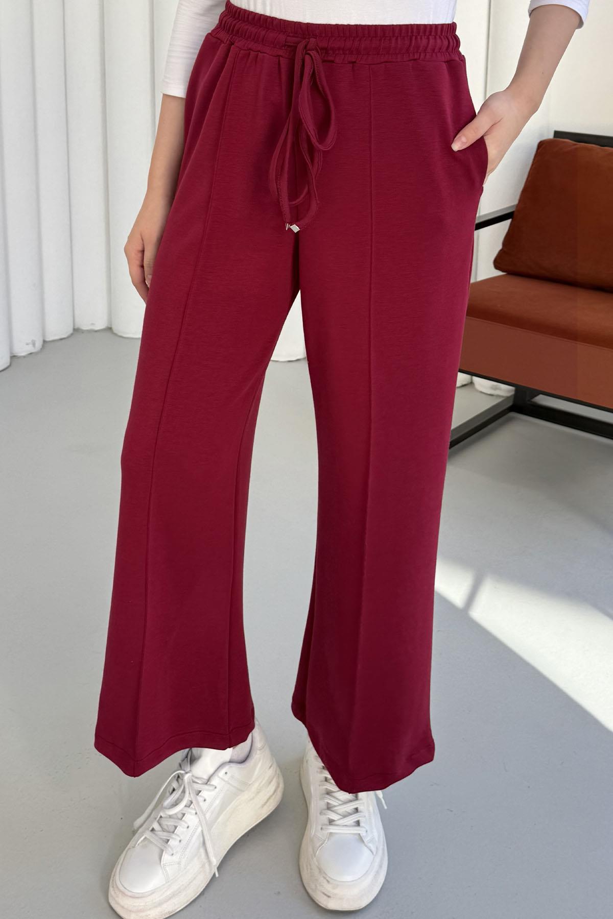 Biyeli Bol Paça Oysho Kumaş Pantolon-BORDO