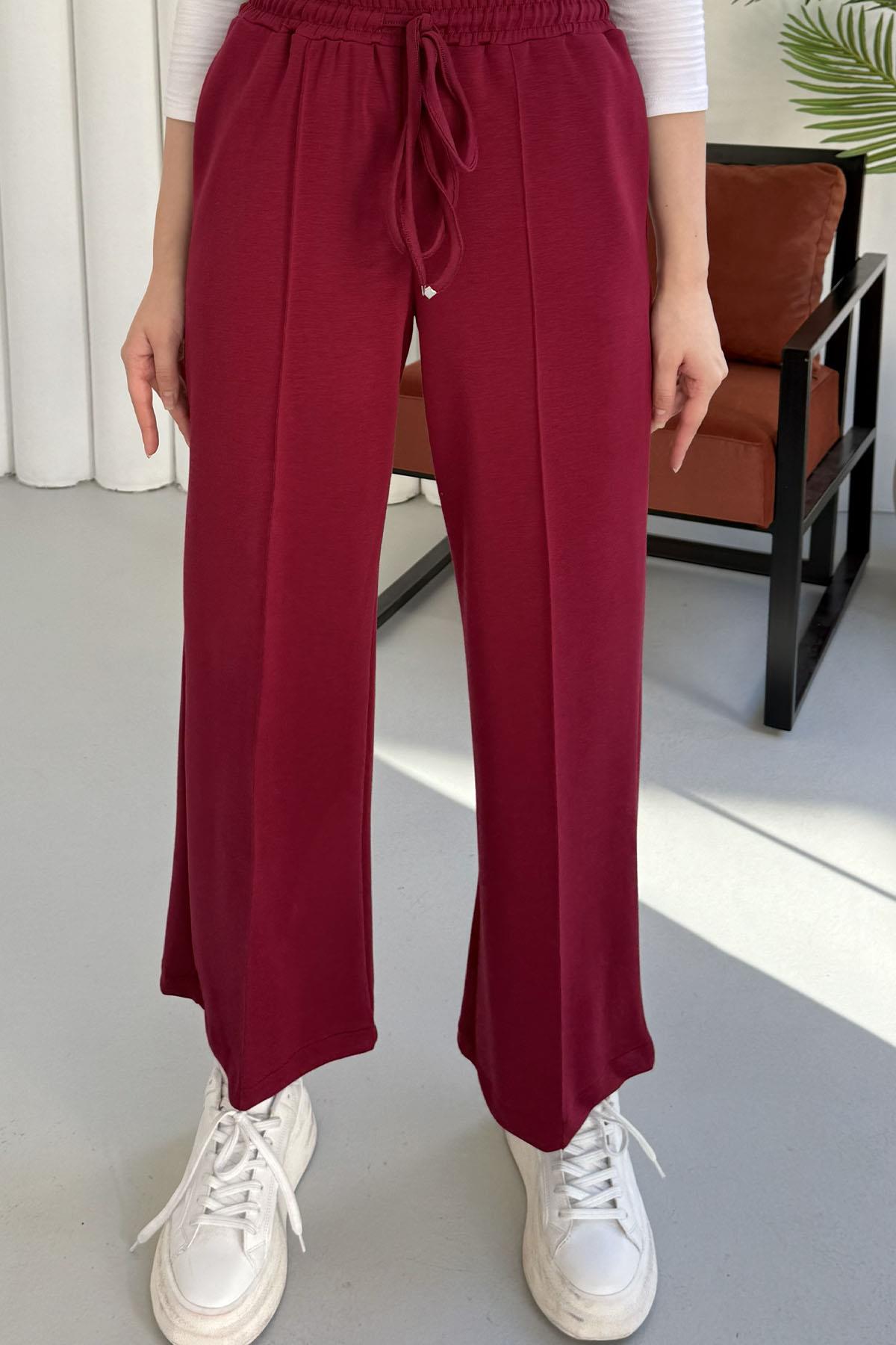 Biyeli Bol Paça Oysho Kumaş Pantolon-BORDO
