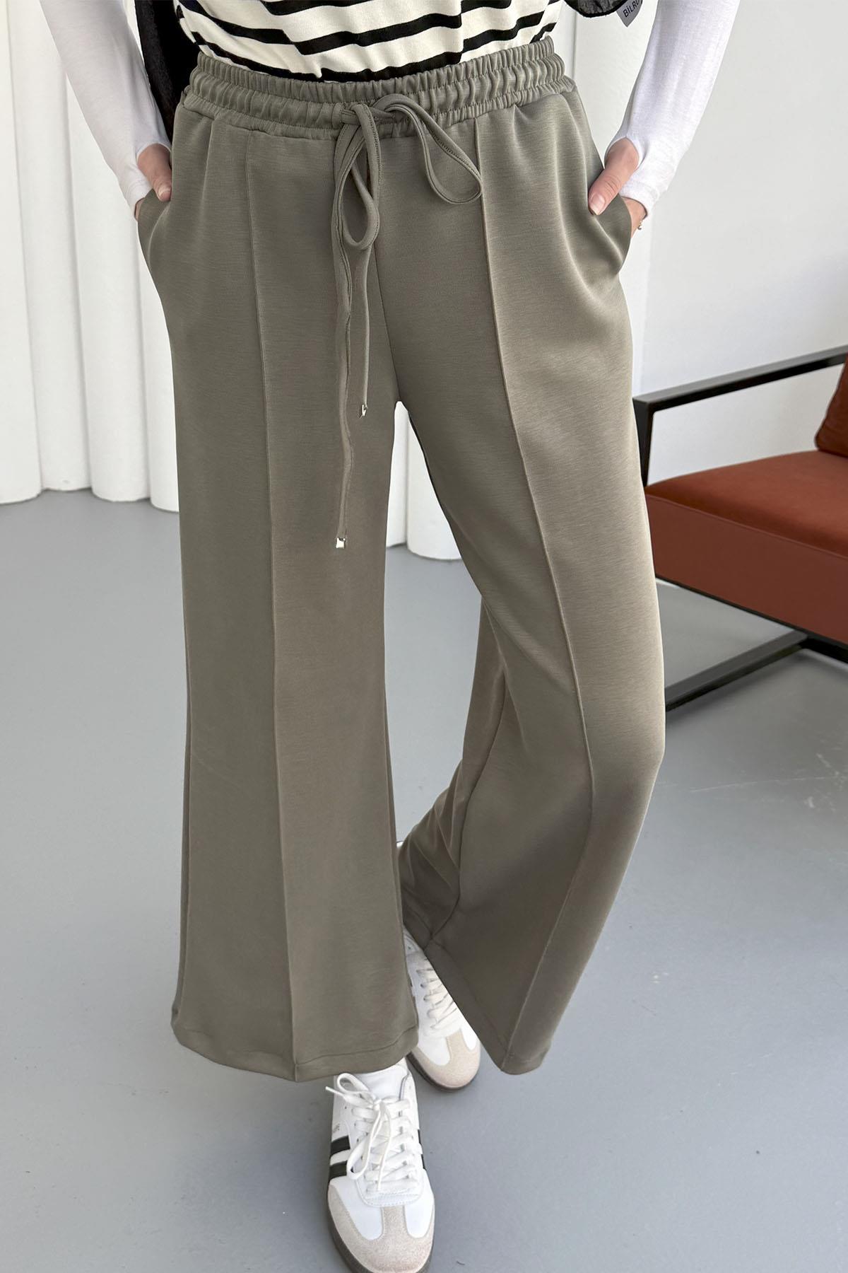 Biyeli Bol Paça Oysho Kumaş Pantolon-HAKİ YEŞİL