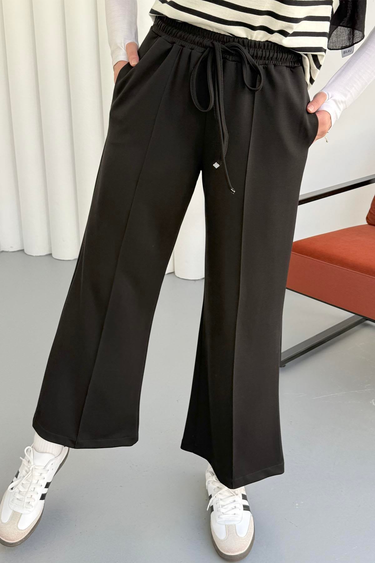 Biyeli Bol Paça Oysho Kumaş Pantolon-SİYAH
