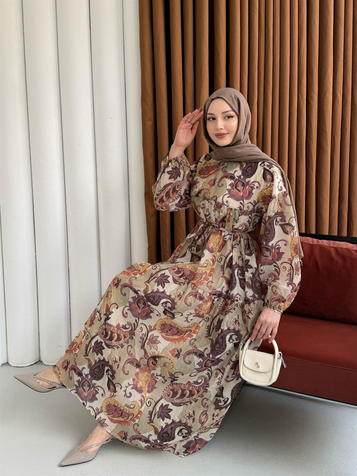 Bohem Etnik Desenli Balon Kol Astarlı Tesettür Elbise-MİNT YEŞİLİ