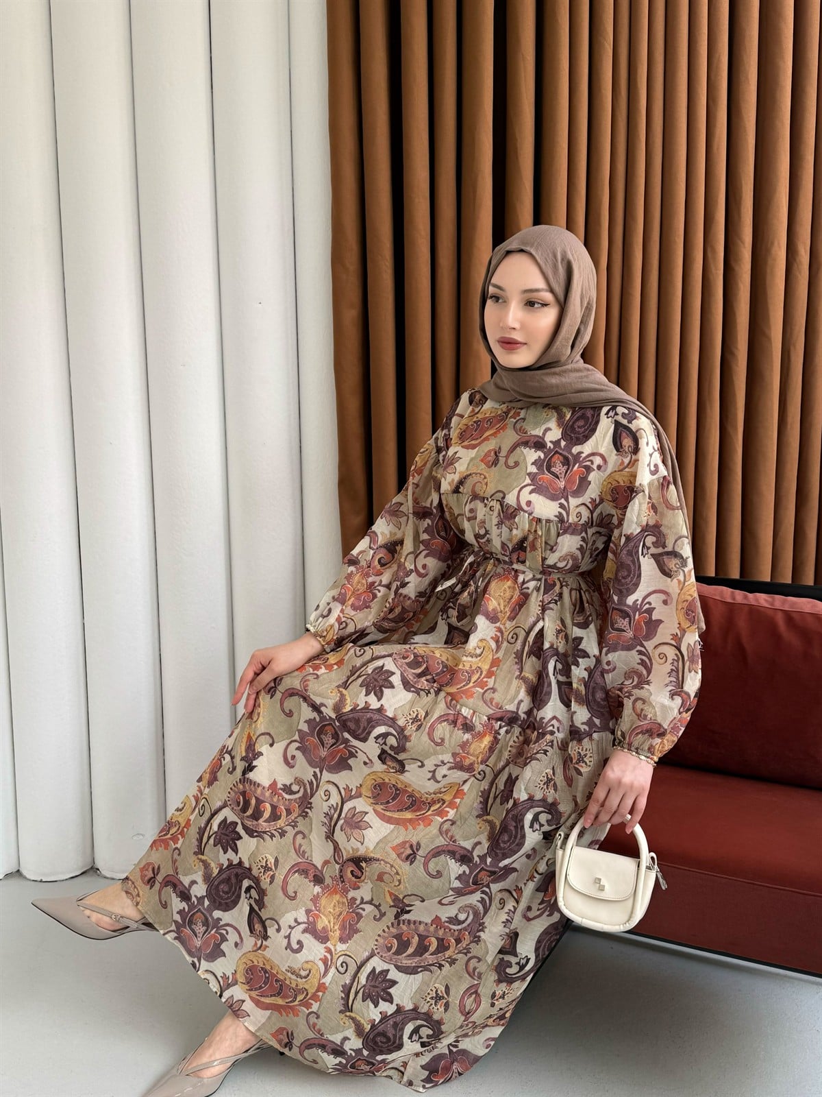 Bohem Etnik Desenli Balon Kol Astarlı Tesettür Elbise-MİNT YEŞİLİ