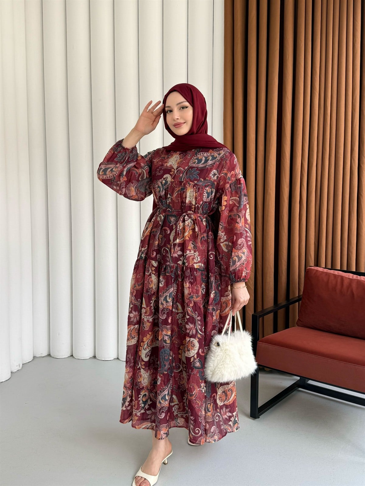 Bohem Etnik Desenli Balon Kol Astarlı Tesettür Elbise-BORDO