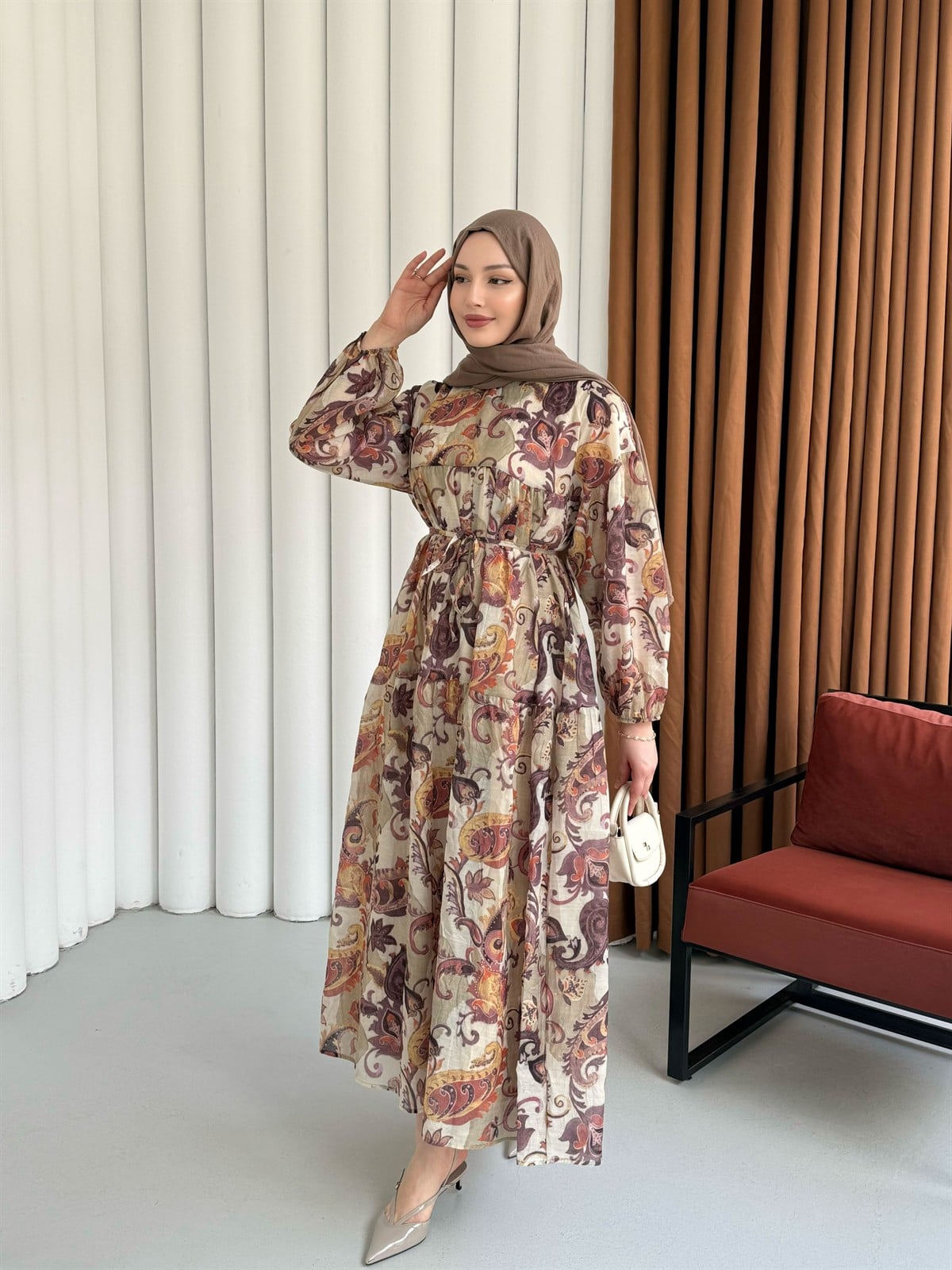 Bohem Etnik Desenli Balon Kol Astarlı Tesettür Elbise-MİNT YEŞİLİ