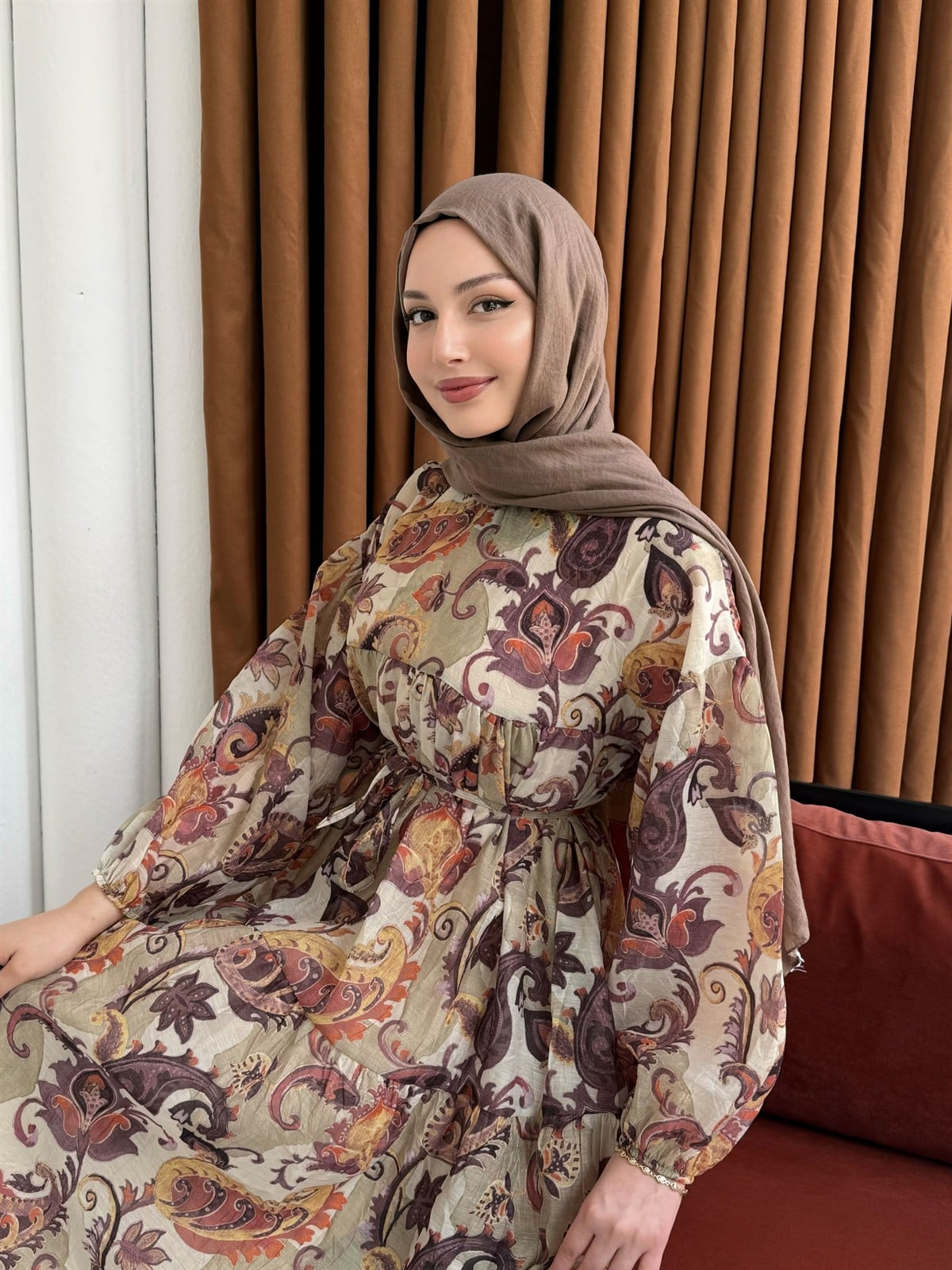 Bohem Etnik Desenli Balon Kol Astarlı Tesettür Elbise-MİNT YEŞİLİ