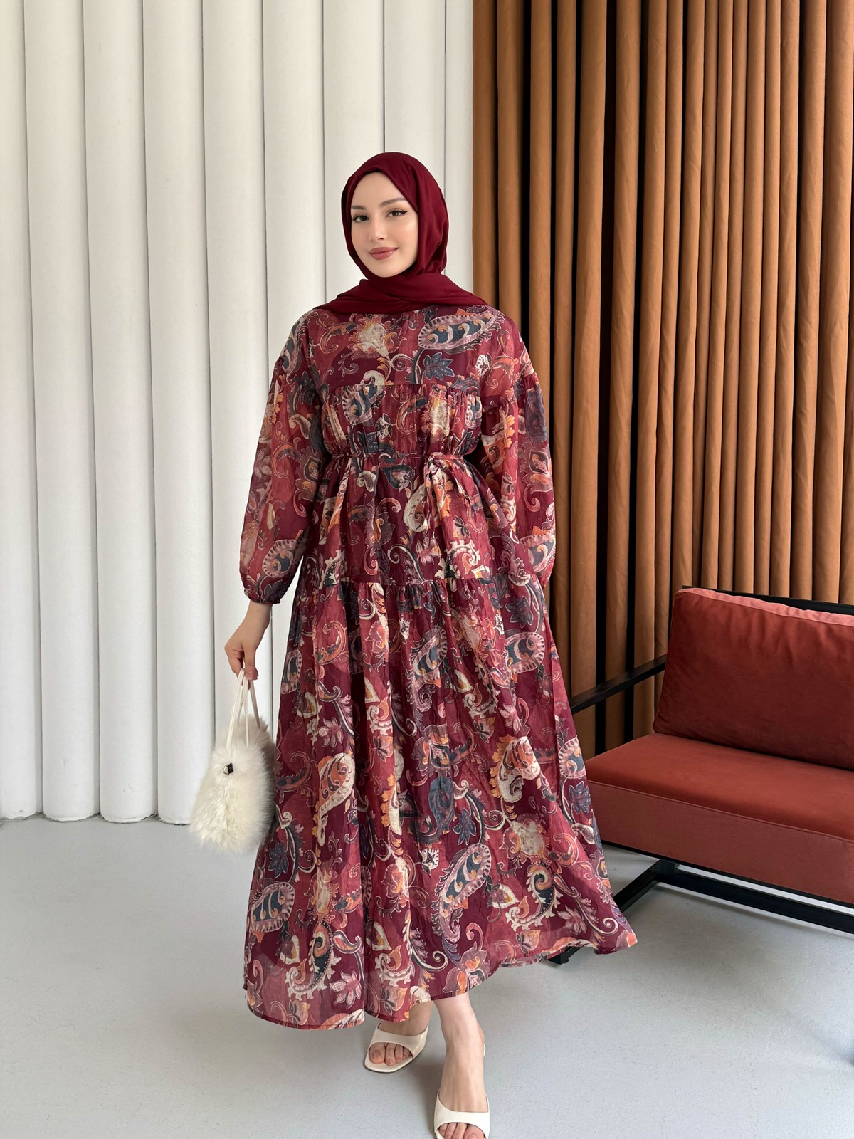 Bohem Etnik Desenli Balon Kol Astarlı Tesettür Elbise-BORDO