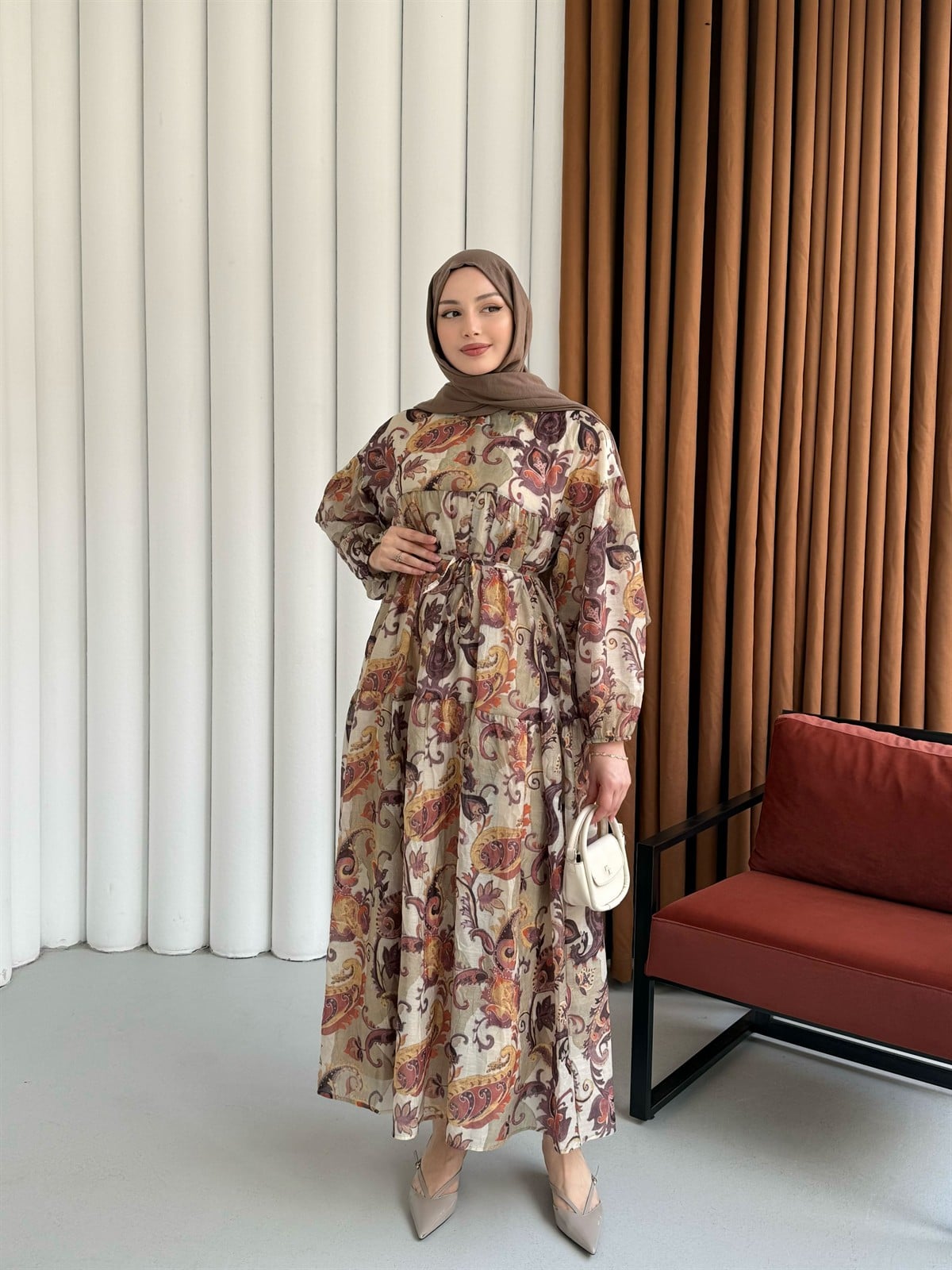 Bohem Etnik Desenli Balon Kol Astarlı Tesettür Elbise-MİNT YEŞİLİ